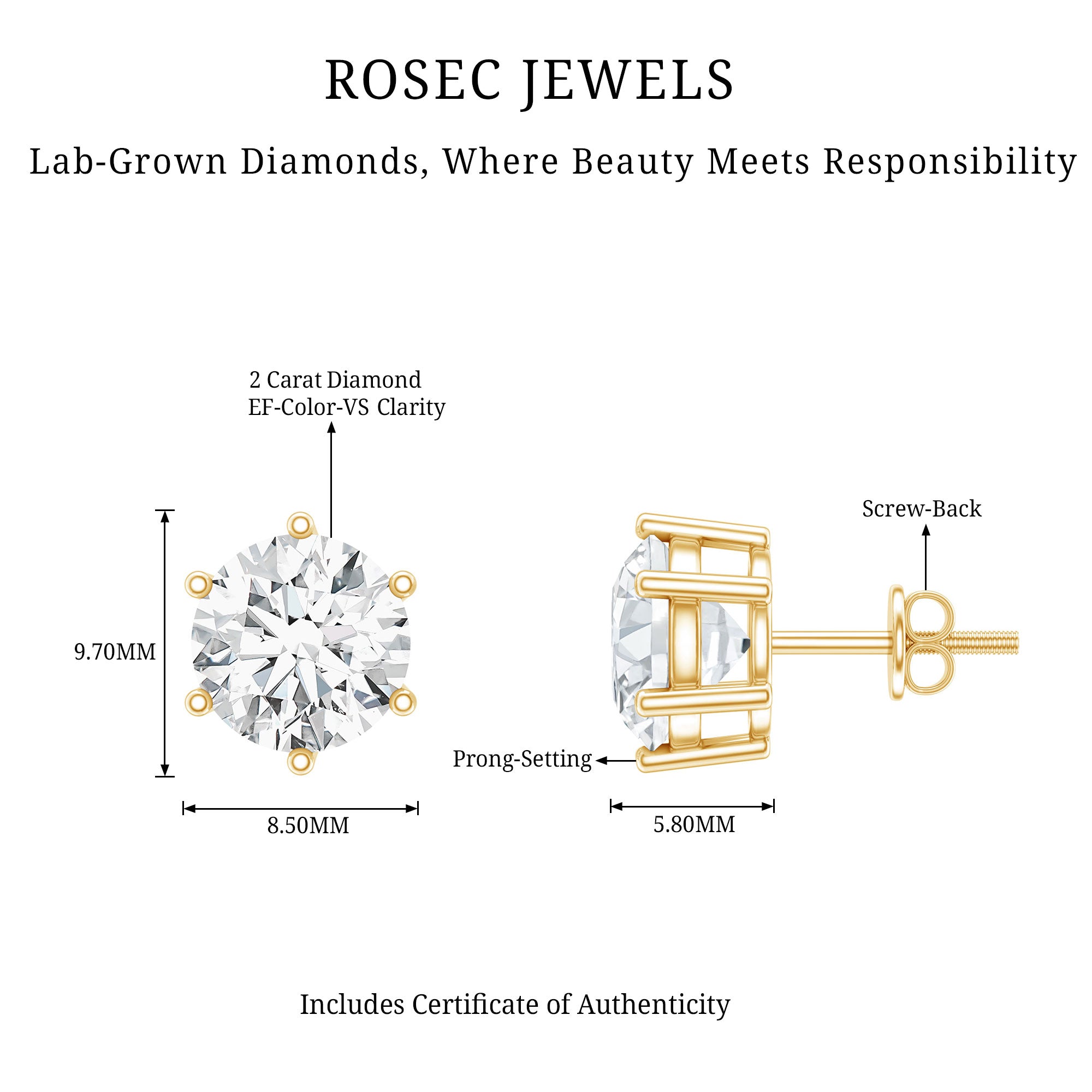 IGI Certified 4 Carat Lab Grown Diamond Solitaire Studs Lab - ( E-VS1 ) - Rosec Jewels