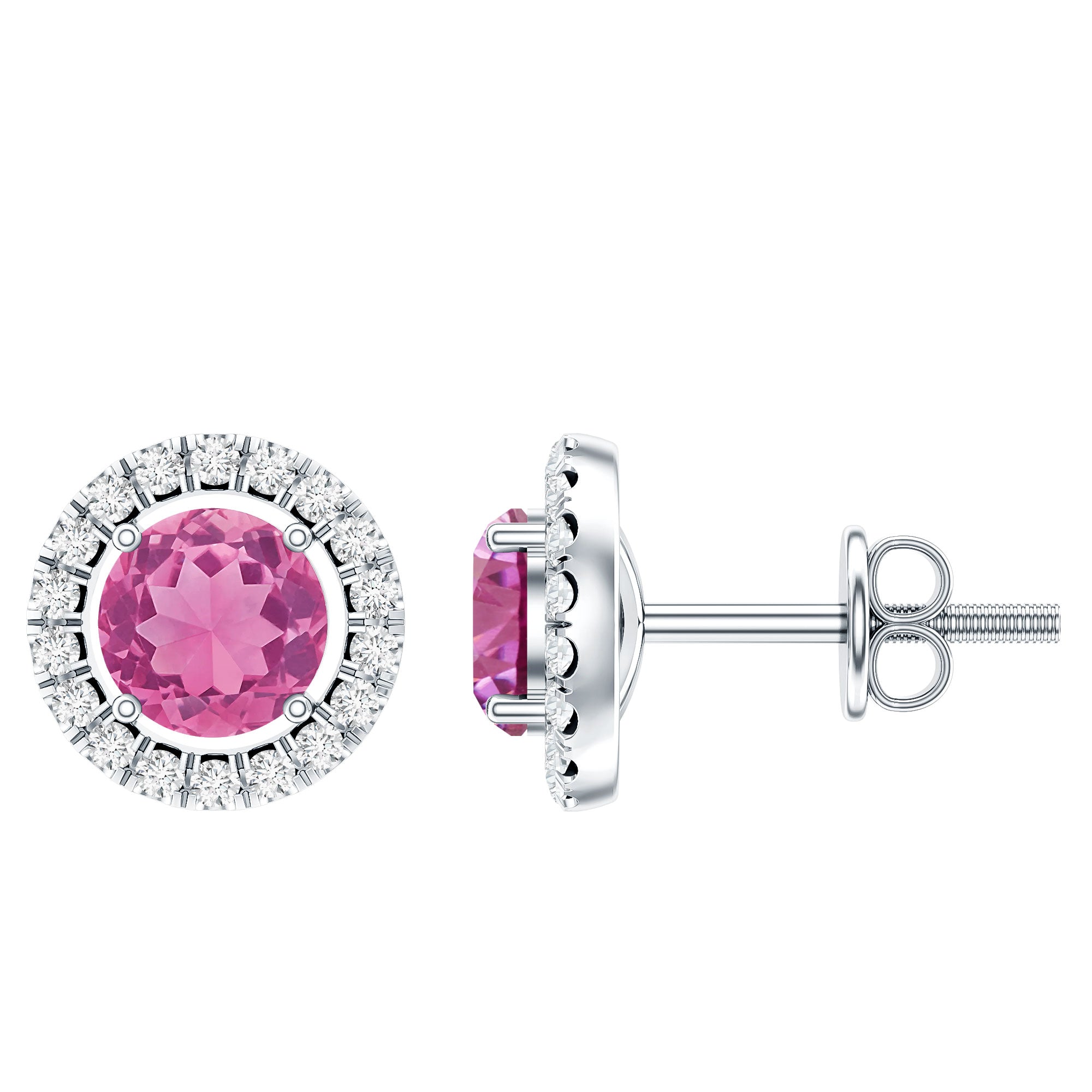 Natural Pink Tourmaline and Diamond Halo Stud Earrings AAA - Rosec Jewels