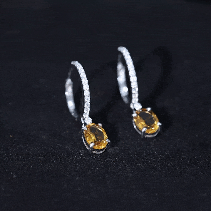 Oval Shape Citrine Hoop Drop Earrings with Diamond AAA - Rosec Jewels