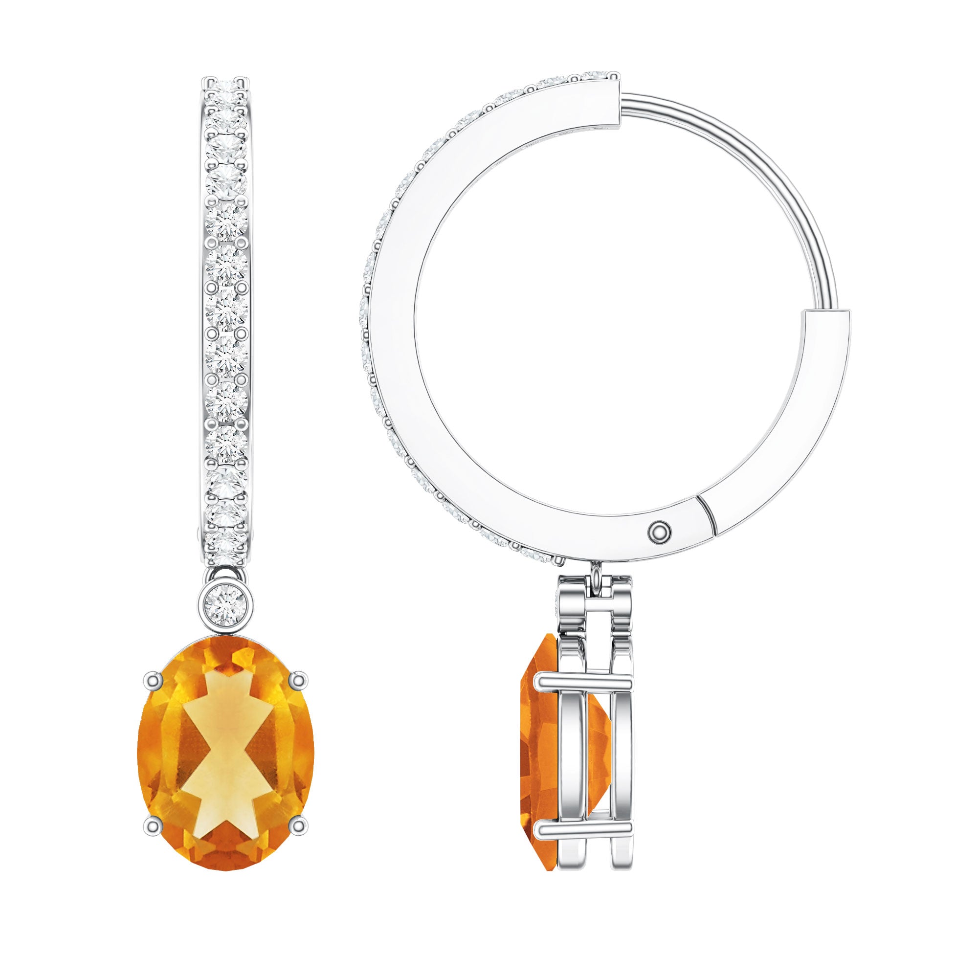 Oval Shape Citrine Hoop Drop Earrings with Diamond AAA - Rosec Jewels
