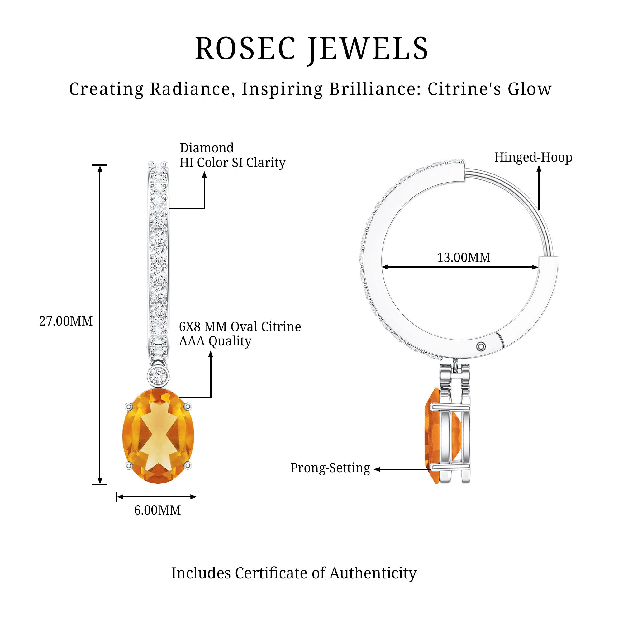 Oval Shape Citrine Hoop Drop Earrings with Diamond AAA - Rosec Jewels