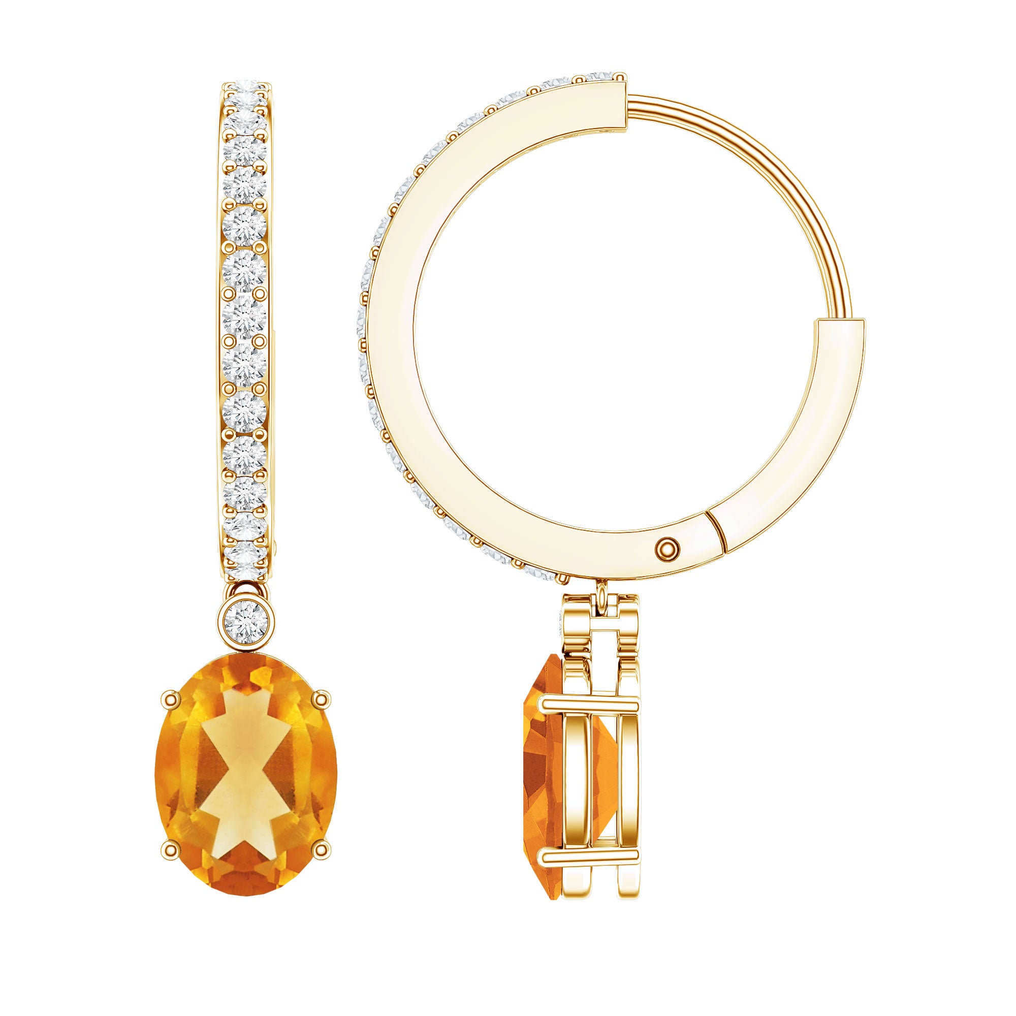 Oval Shape Citrine Hoop Drop Earrings with Diamond AAA - Rosec Jewels