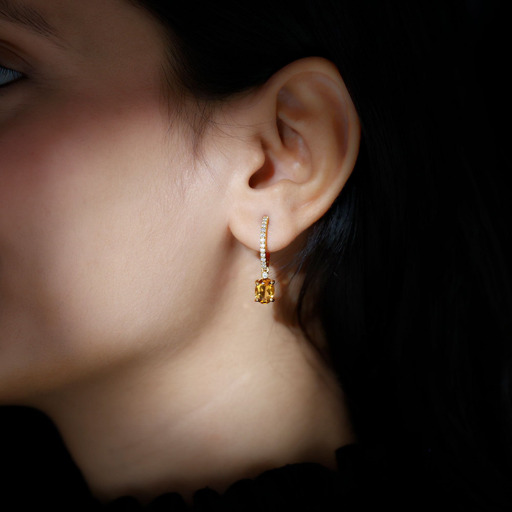 Oval Shape Citrine Hoop Drop Earrings with Diamond AAA - Rosec Jewels
