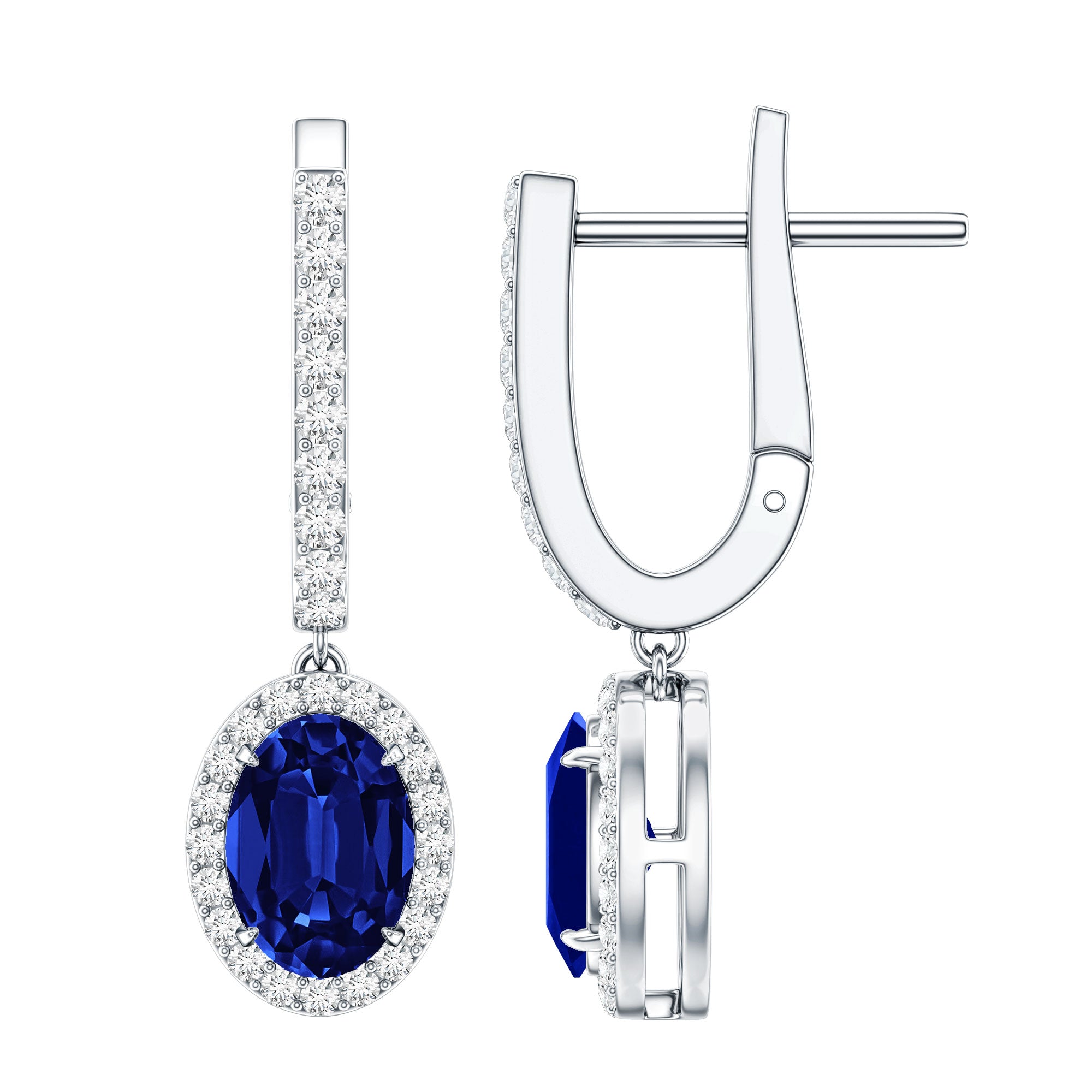Lab Grown Blue Sapphire Hoop Drop Earrings with Moissanite Halo AAAA - Rosec Jewels