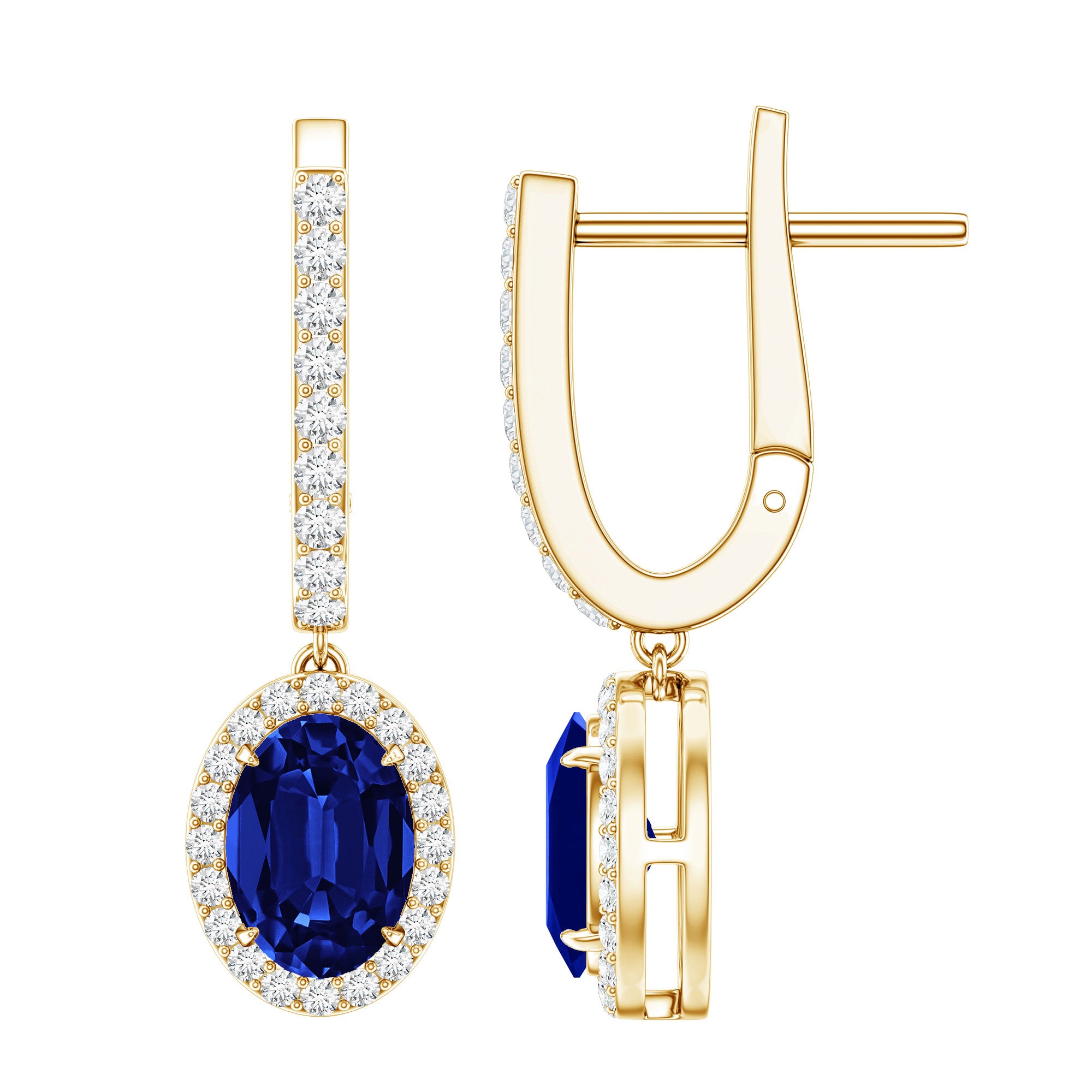 Lab Grown Blue Sapphire Hoop Drop Earrings with Moissanite Halo AAAA - Rosec Jewels