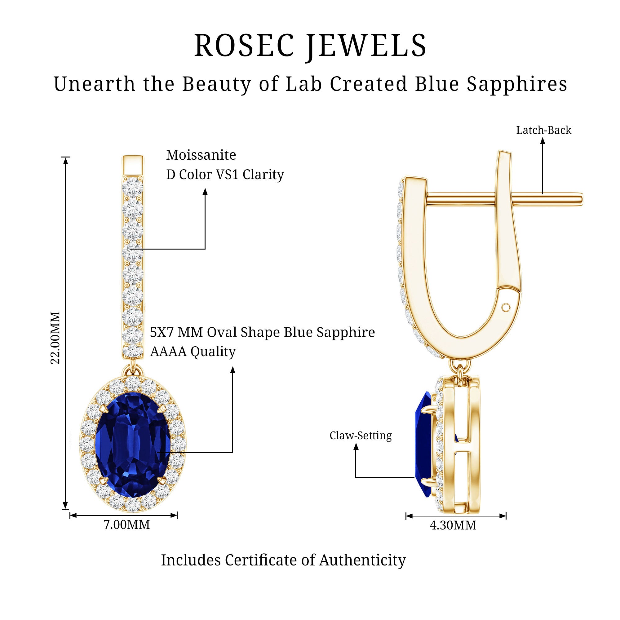 Lab Grown Blue Sapphire Hoop Drop Earrings with Moissanite Halo AAAA - Rosec Jewels