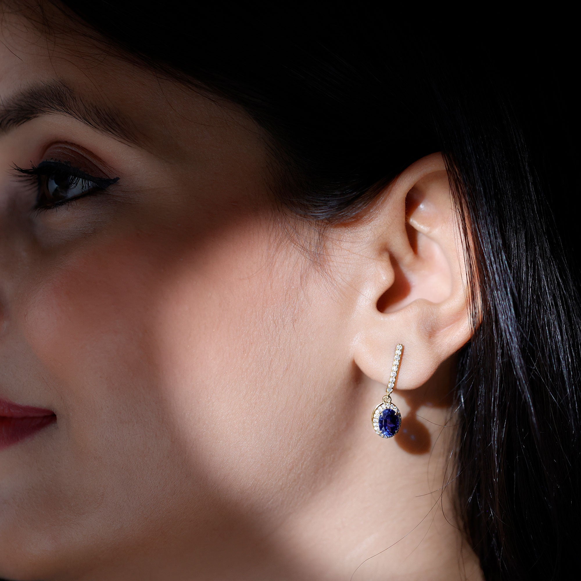 Lab Grown Blue Sapphire Hoop Drop Earrings with Moissanite Halo AAAA - Rosec Jewels