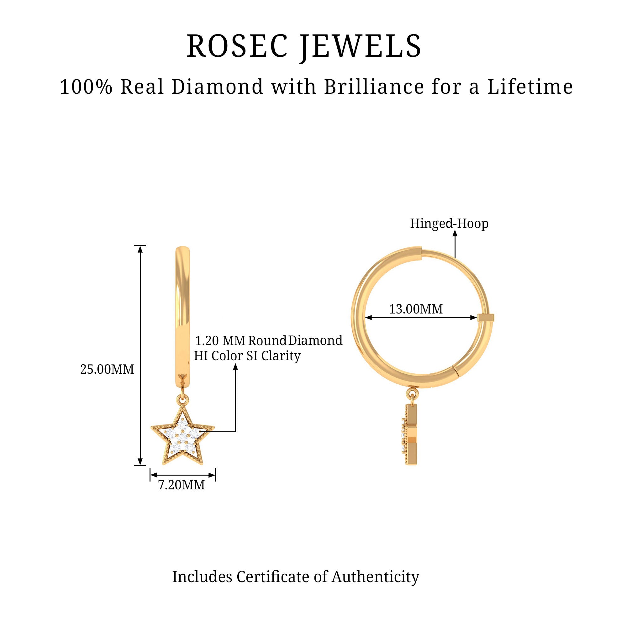 Diamond Star Drop Hoop Earrings Natural - ( HI-SI ) - Rosec Jewels