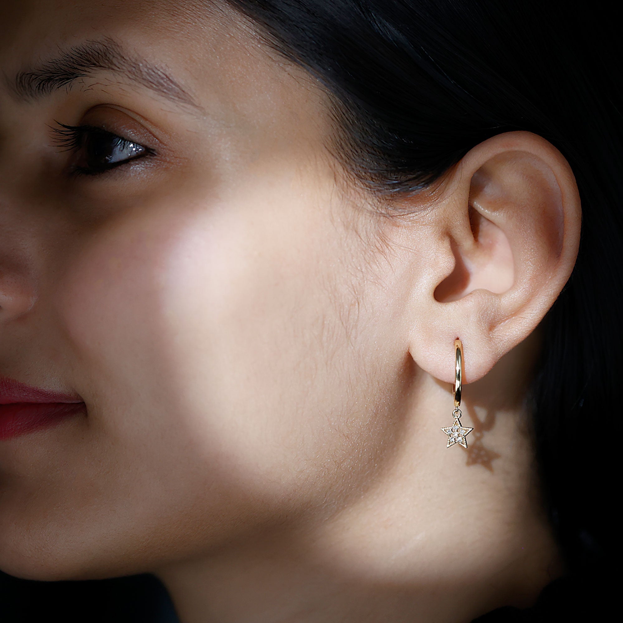 Diamond Star Drop Hoop Earrings Natural - ( HI-SI ) - Rosec Jewels