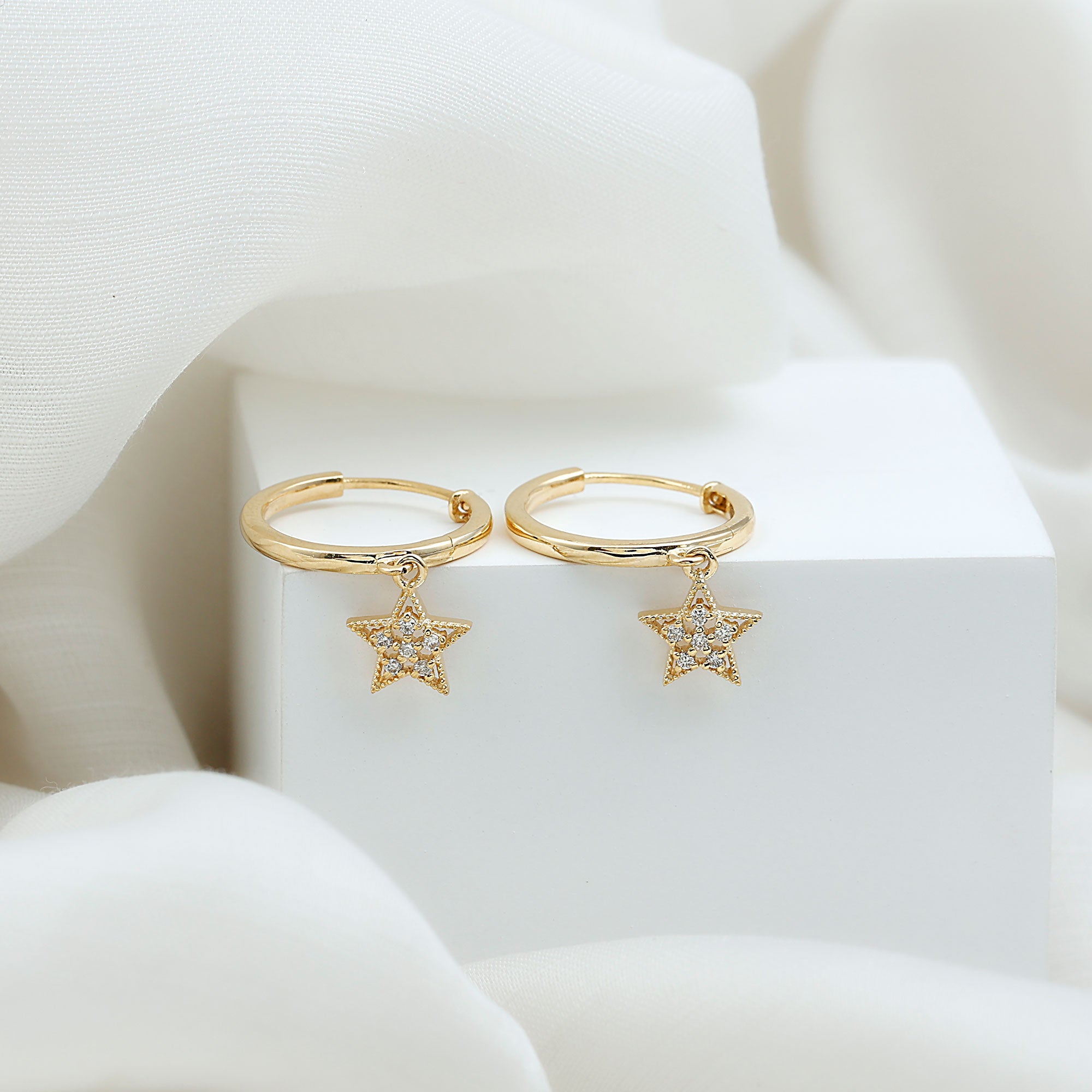 Diamond Star Drop Hoop Earrings Natural - ( HI-SI ) - Rosec Jewels