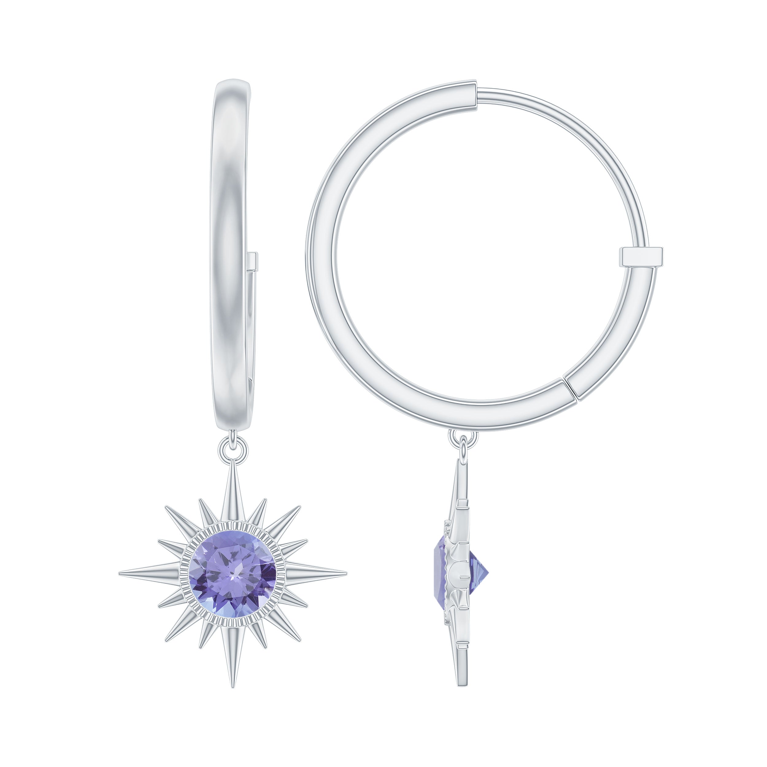 Real Tanzanite Sunburst Hoop Drop Earrings AAA - Rosec Jewels