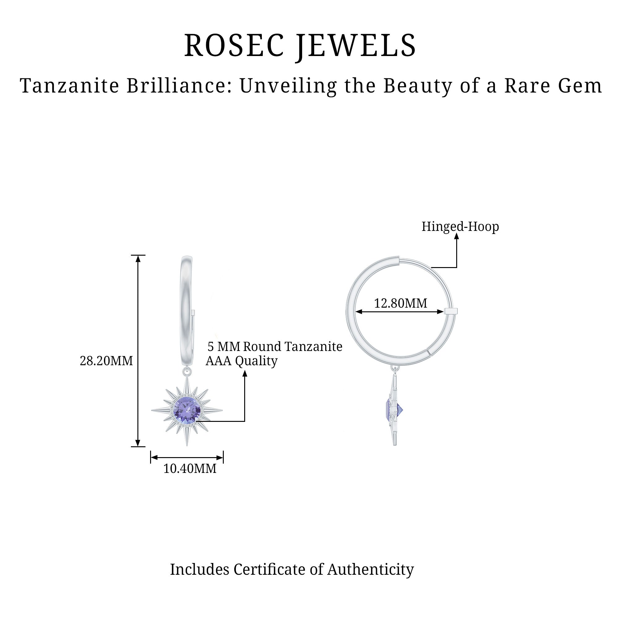 Real Tanzanite Sunburst Hoop Drop Earrings AAA - Rosec Jewels