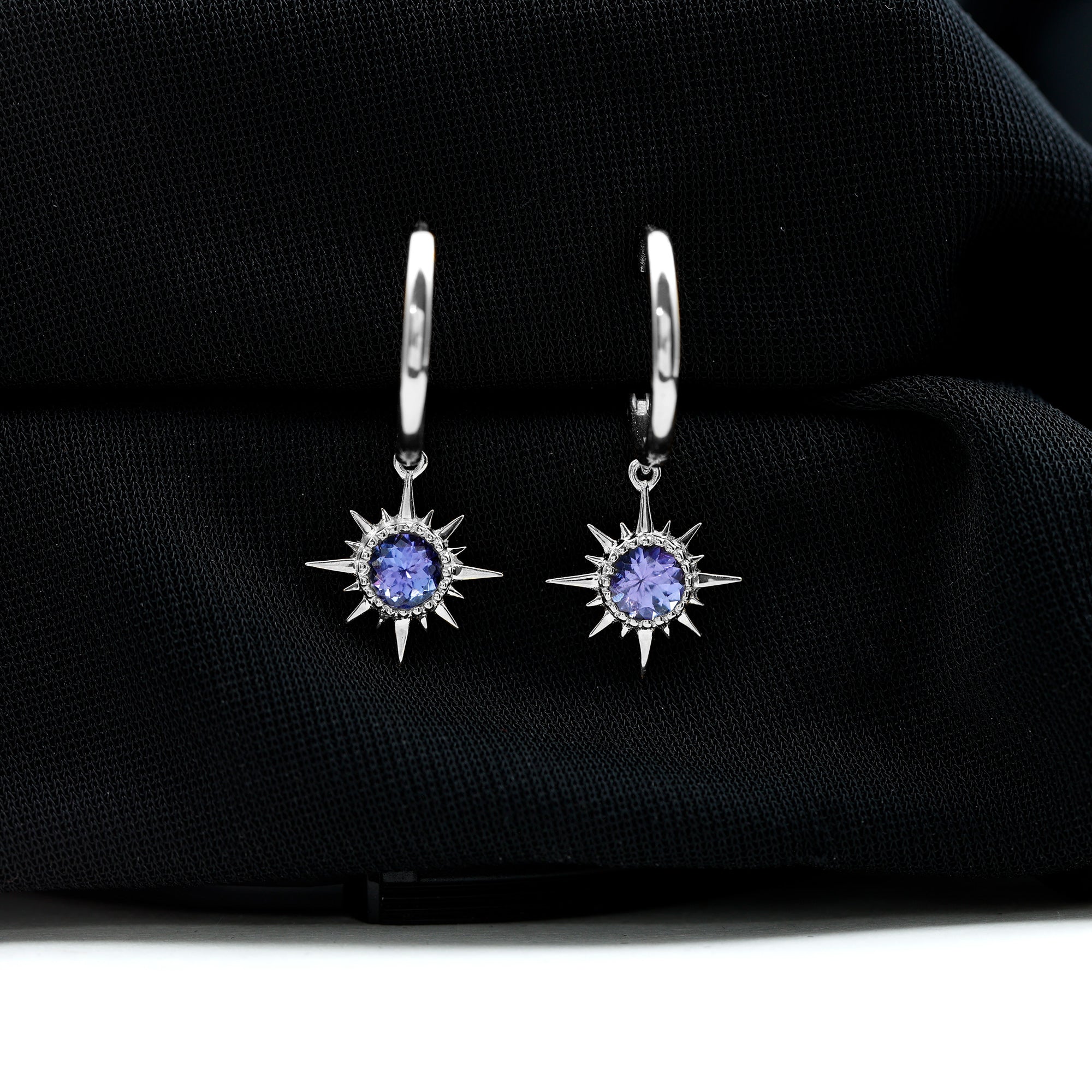 Real Tanzanite Sunburst Hoop Drop Earrings AAA - Rosec Jewels