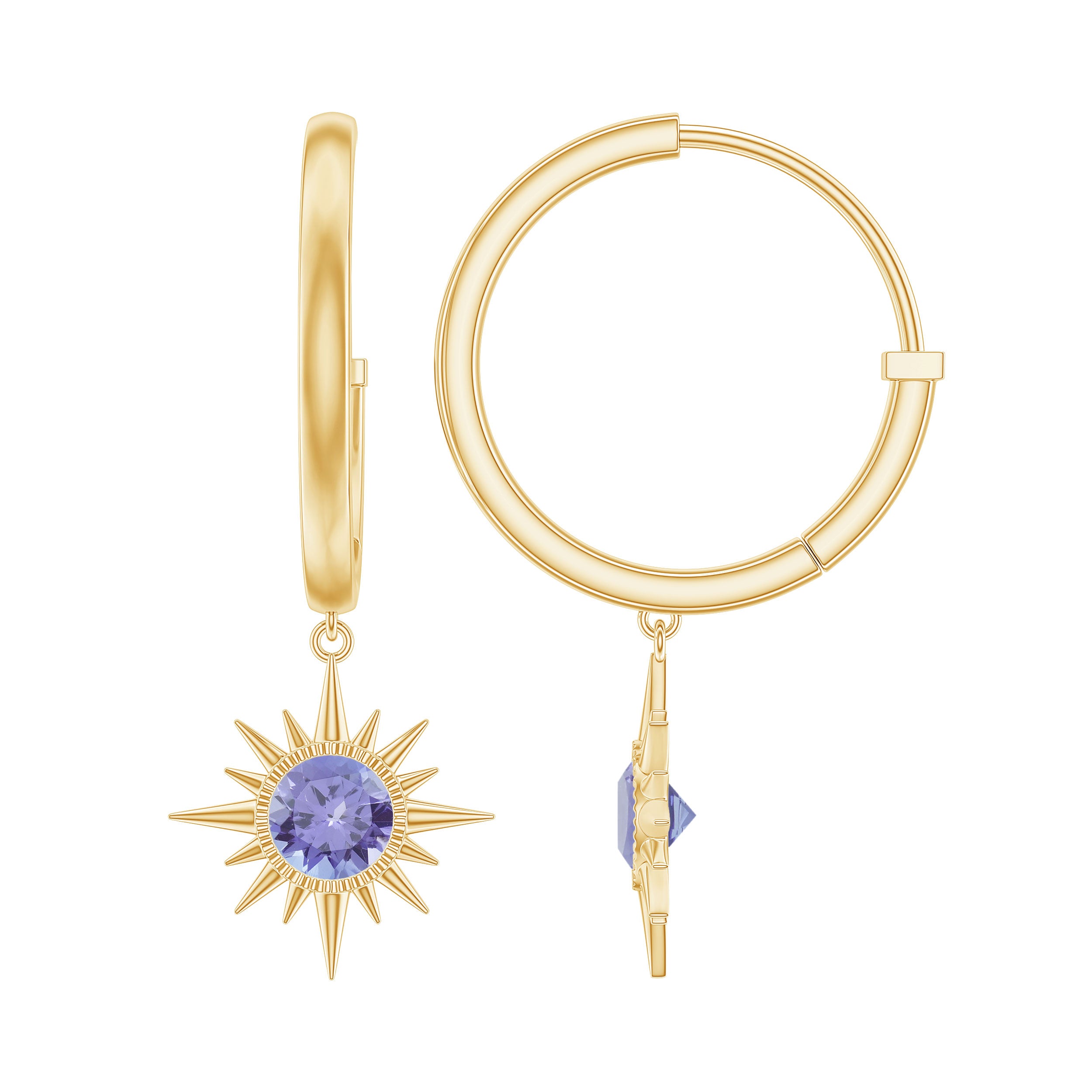 Real Tanzanite Sunburst Hoop Drop Earrings AAA - Rosec Jewels