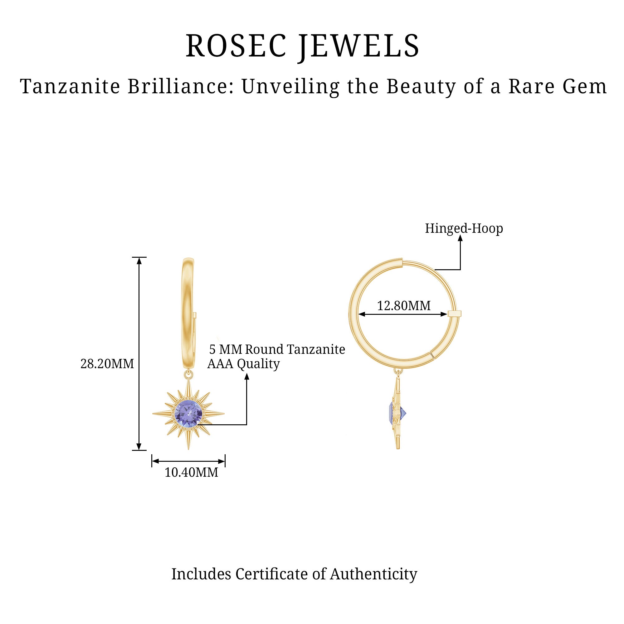 Real Tanzanite Sunburst Hoop Drop Earrings AAA - Rosec Jewels
