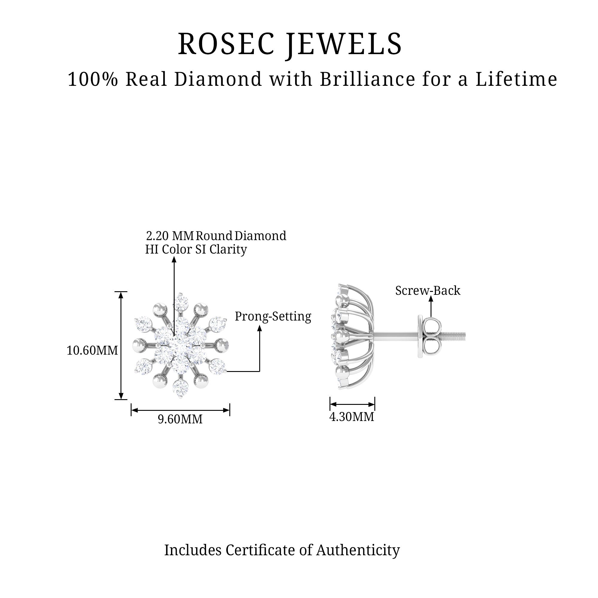 Diamond Cluster Stud Earrings Natural - ( HI-SI ) - Rosec Jewels