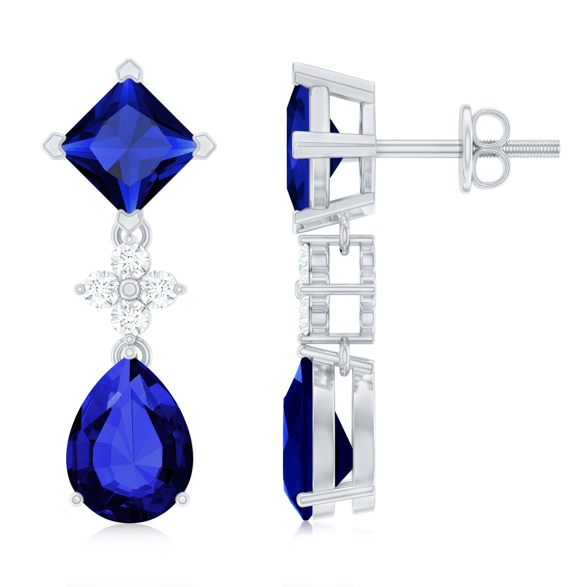 Lab Created Blue Sapphire and Diamond Wedding Drop Earrings AAAA - Rosec Jewels
