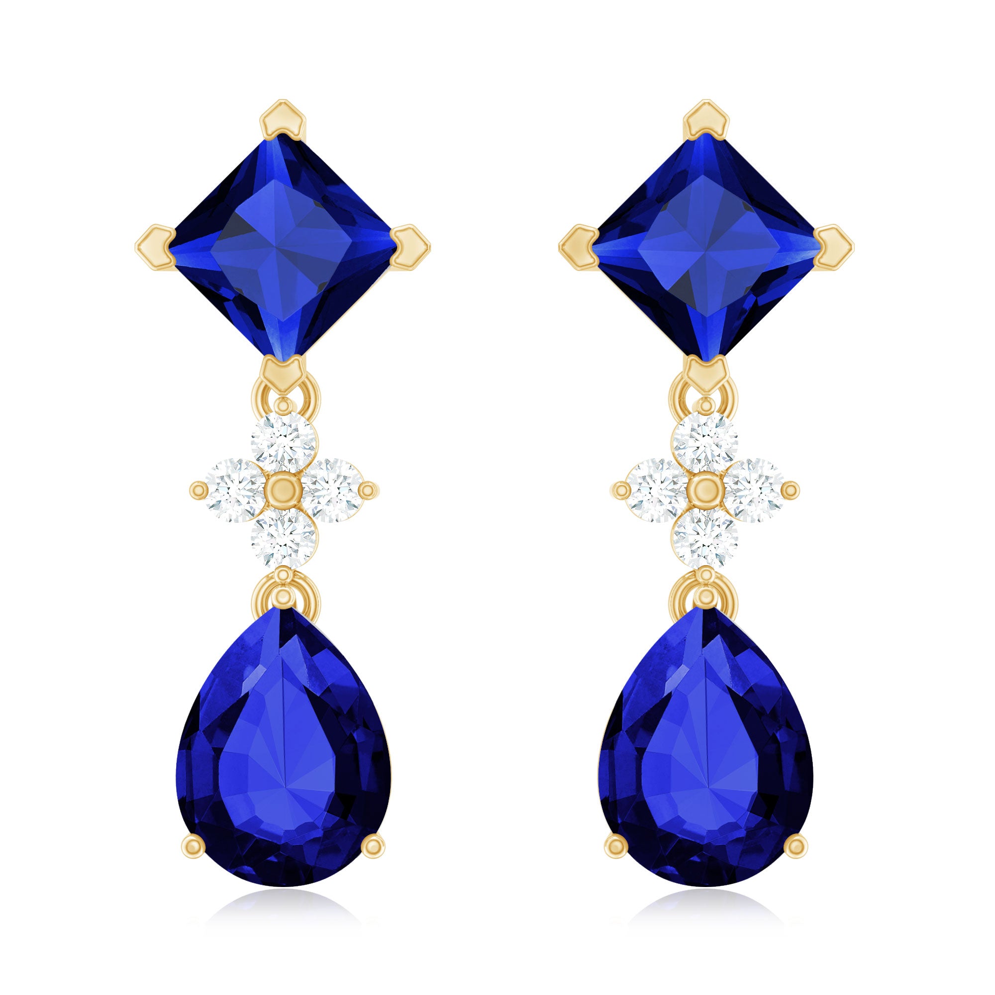 Lab Created Blue Sapphire and Diamond Wedding Drop Earrings AAAA - Rosec Jewels