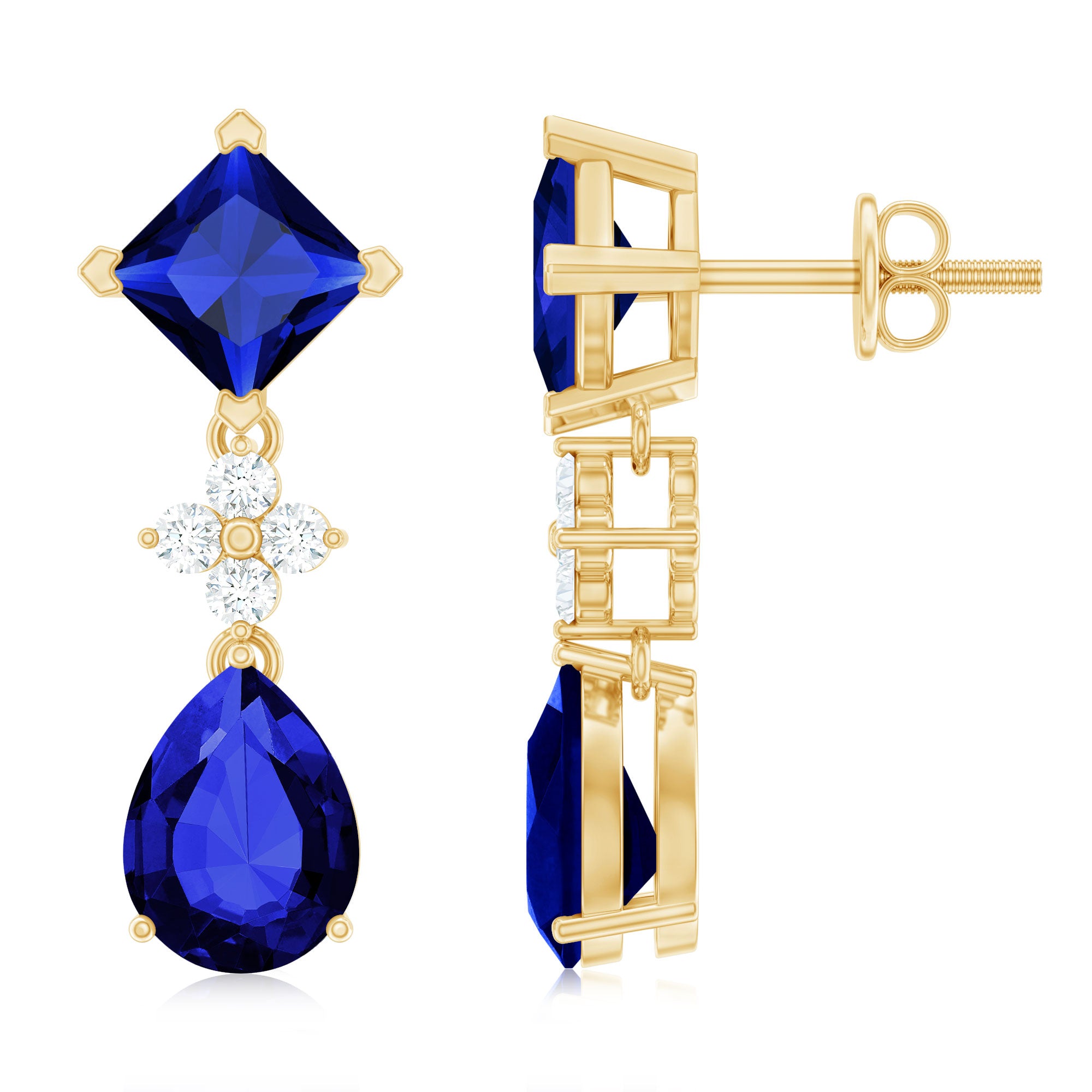Lab Created Blue Sapphire and Diamond Wedding Drop Earrings AAAA - Rosec Jewels