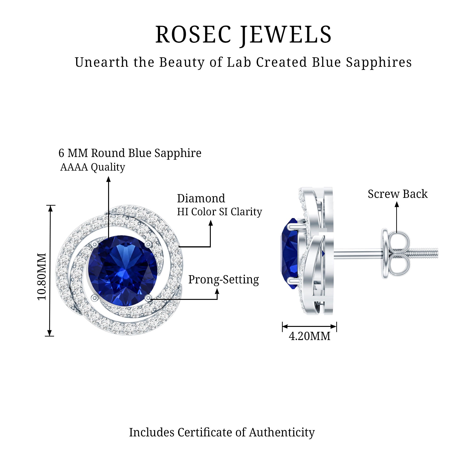 Lab Grown Blue Sapphire and Diamond Swirl Stud Earrings AAAA - Rosec Jewels