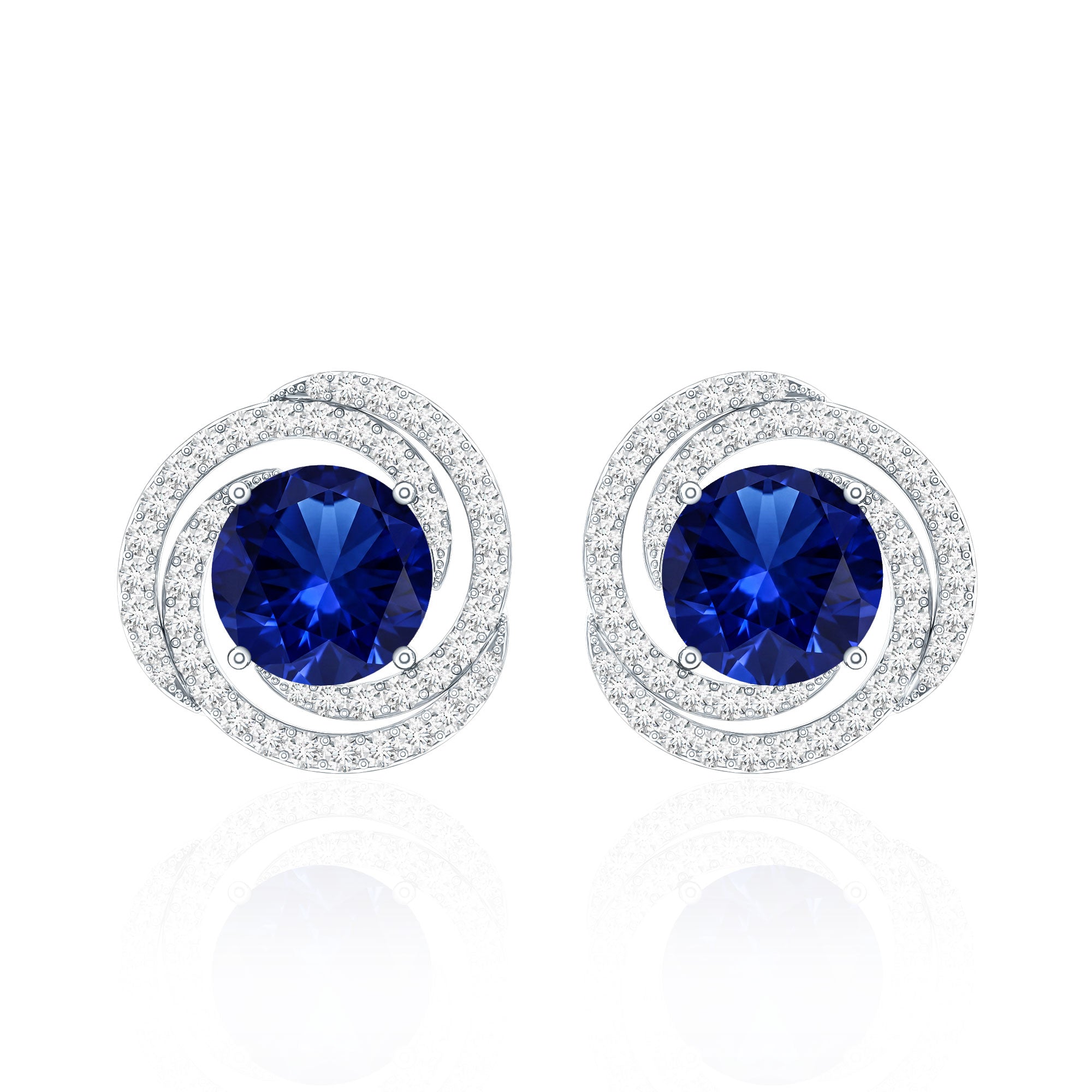 Lab Grown Blue Sapphire and Diamond Swirl Stud Earrings AAAA - Rosec Jewels