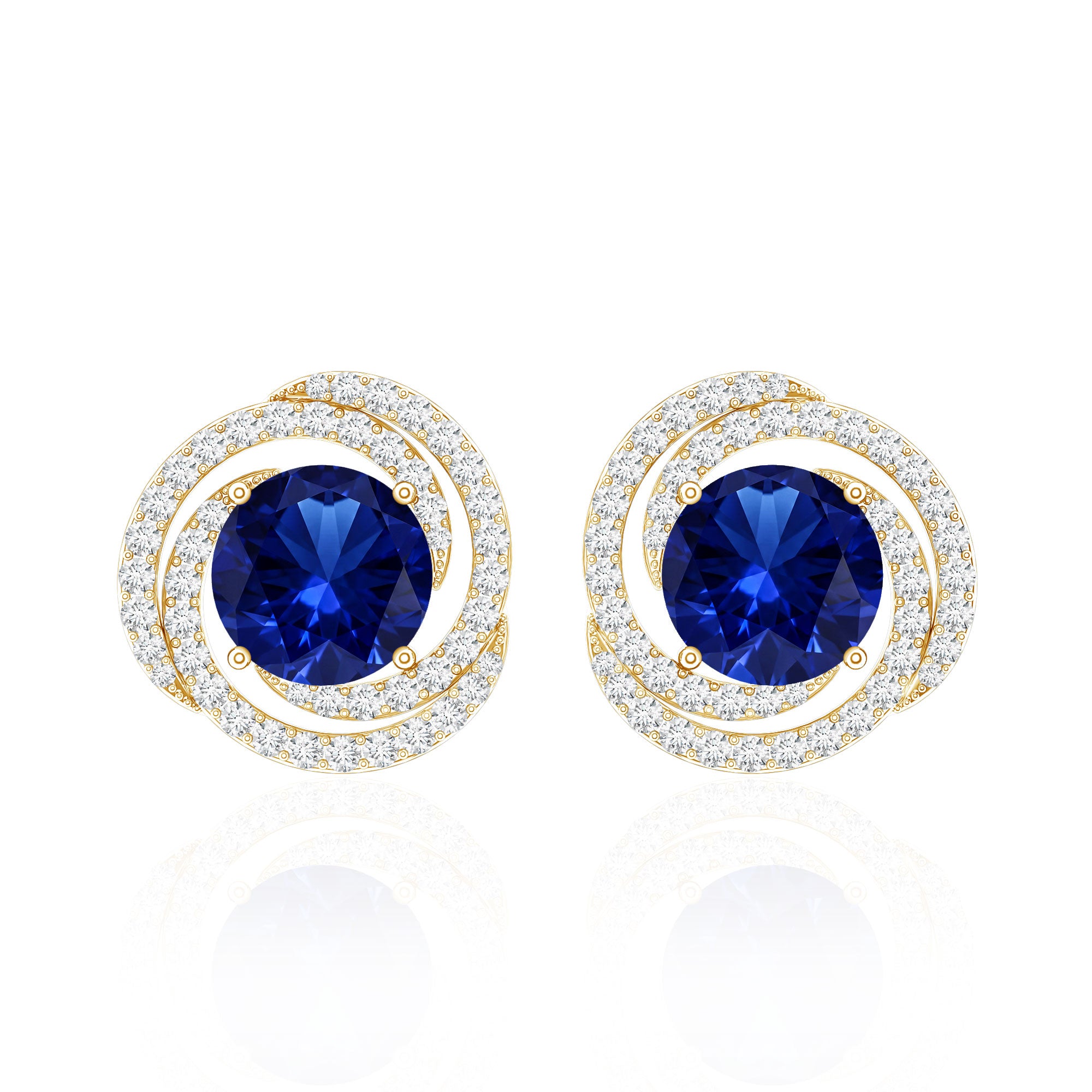 Lab Grown Blue Sapphire and Diamond Swirl Stud Earrings AAAA - Rosec Jewels