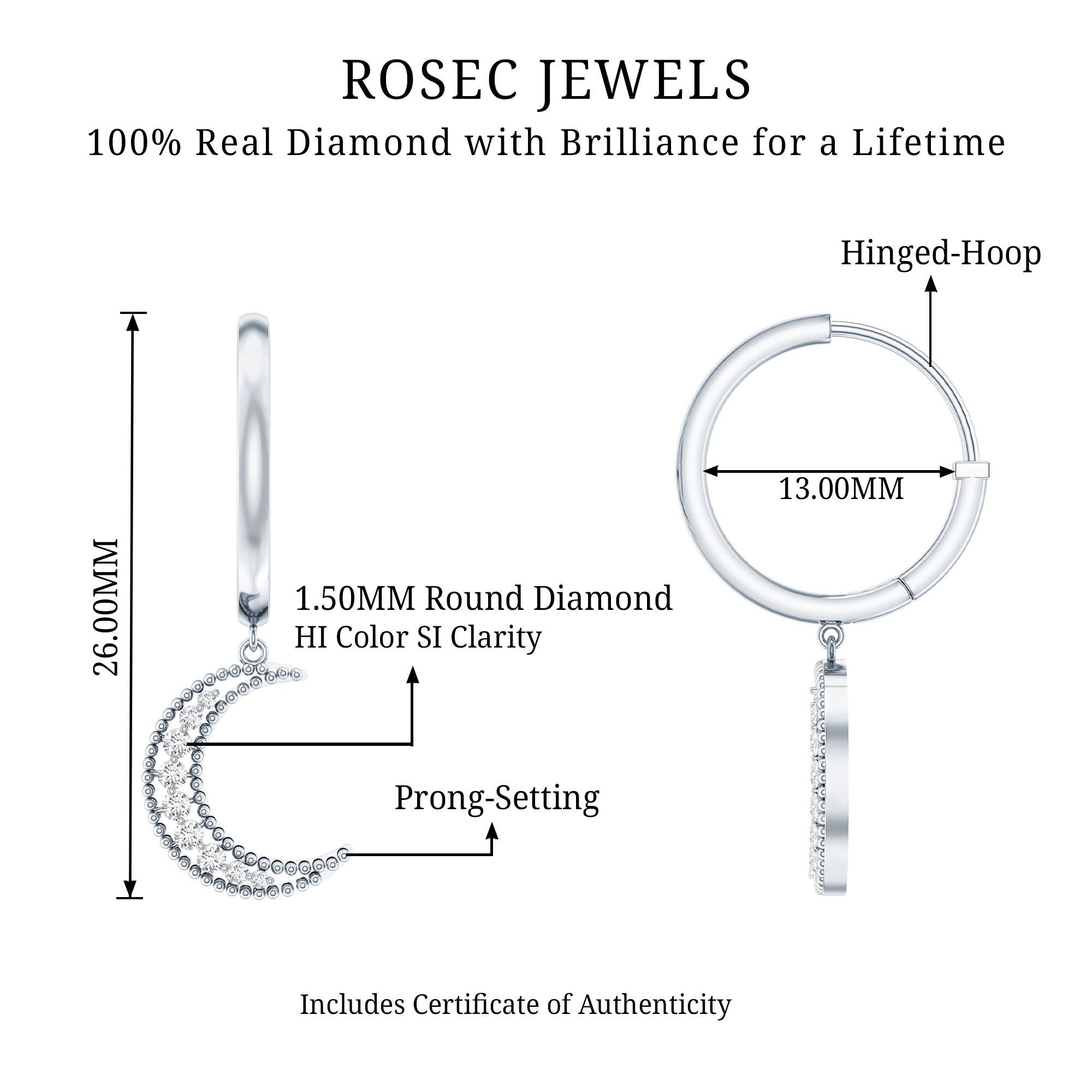 Certified Diamond Moon Drop Hoop Earrings Natural - ( HI-SI ) - Rosec Jewels