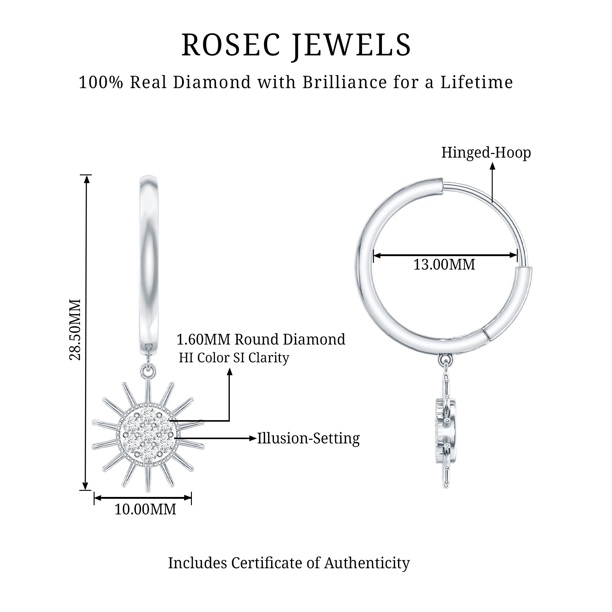 Certified Diamond Sunburst Hoop Earrings Natural - ( HI-SI ) - Rosec Jewels
