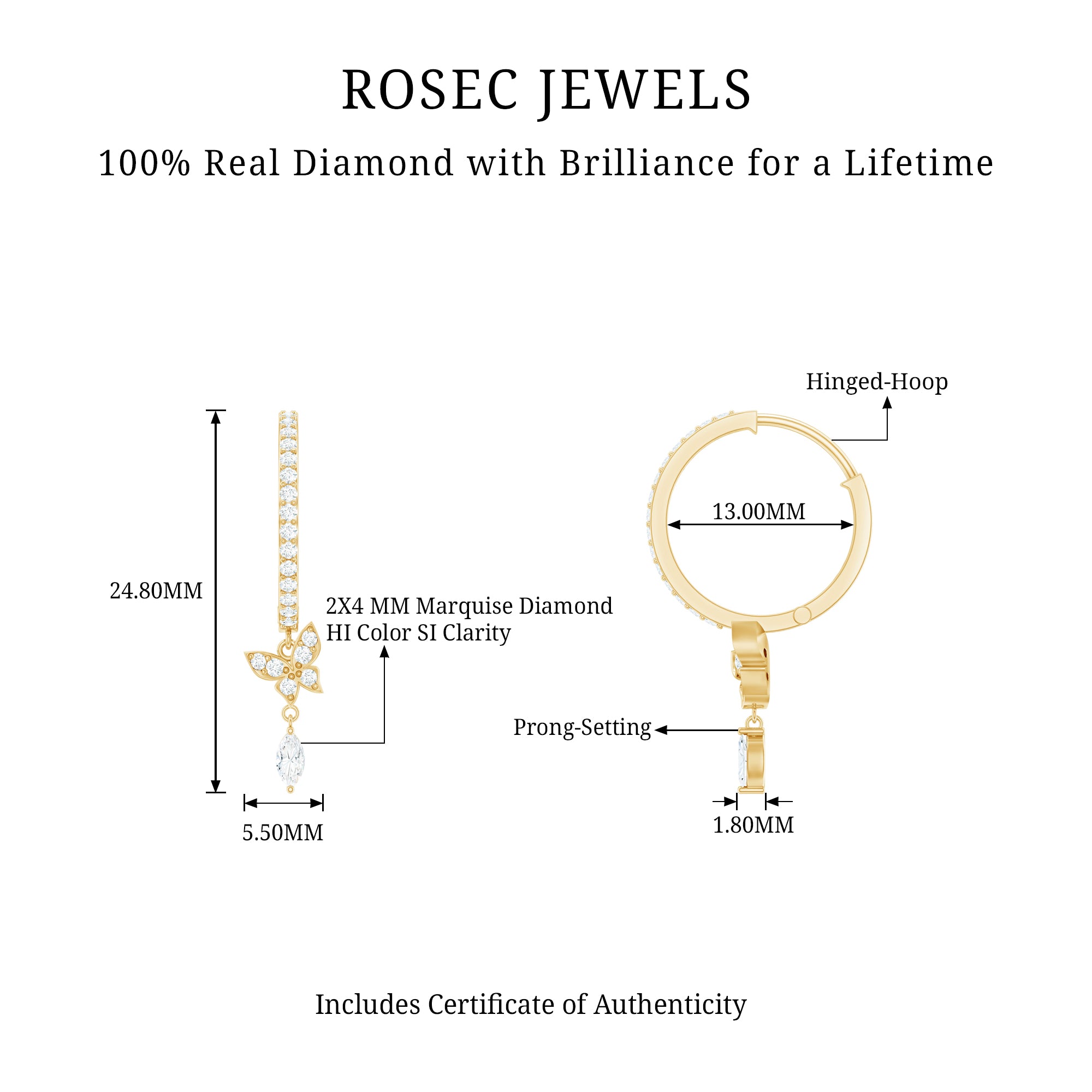 Natural Diamond Butterfly Hoop Earrings for Women Natural - ( HI-SI ) - Rosec Jewels