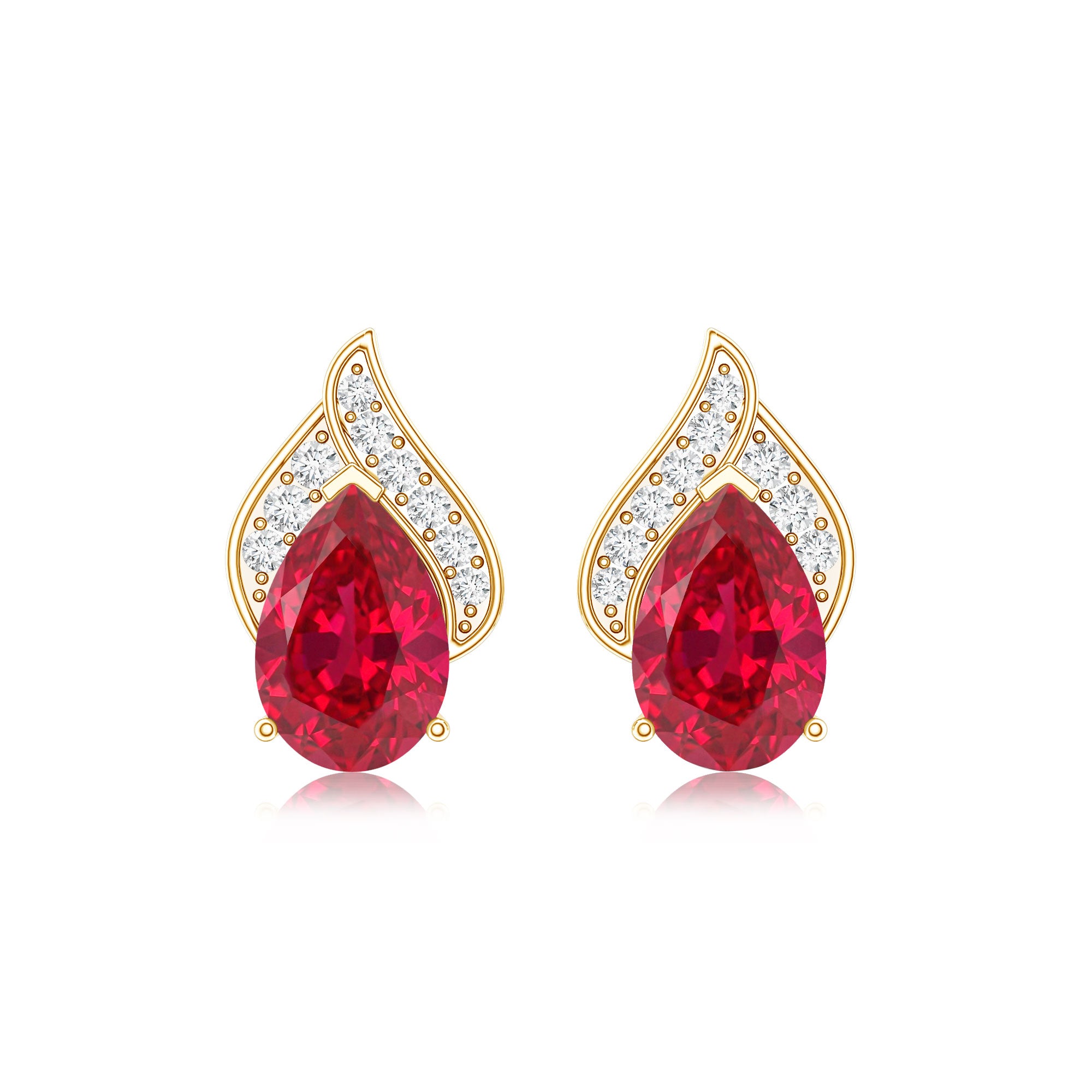 Pear Shaped Lab Created Ruby and Diamond Stud Earring AAAA - Rosec Jewels