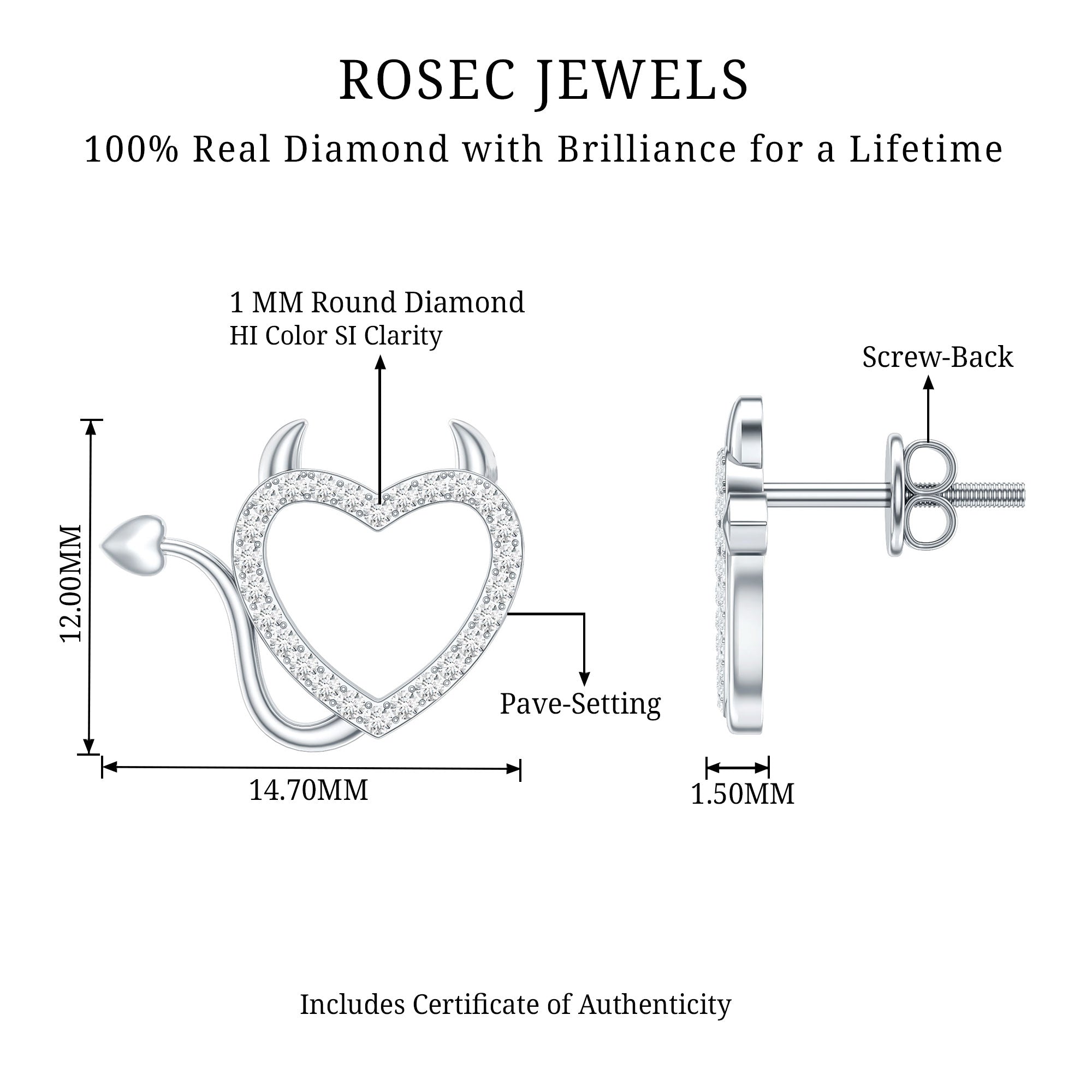 Round Diamond Devil Heart Earrings Natural - ( HI-SI ) - Rosec Jewels