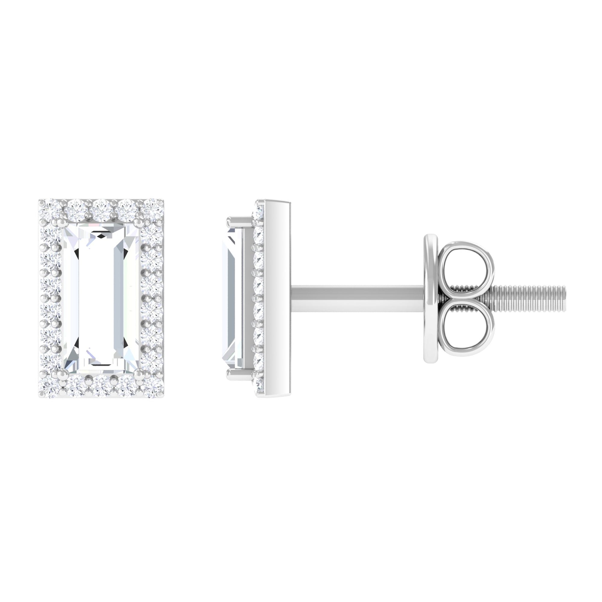 Baguette Cut Diamond Halo Stud Earrings in Gold