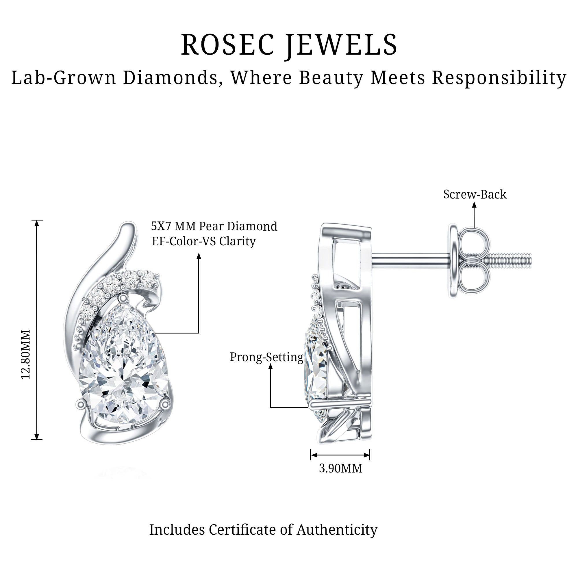 5X7 MM Certified Lab Grown Diamond Teardrop Stud Earrings Lab - ( EF-VS ) - Rosec Jewels