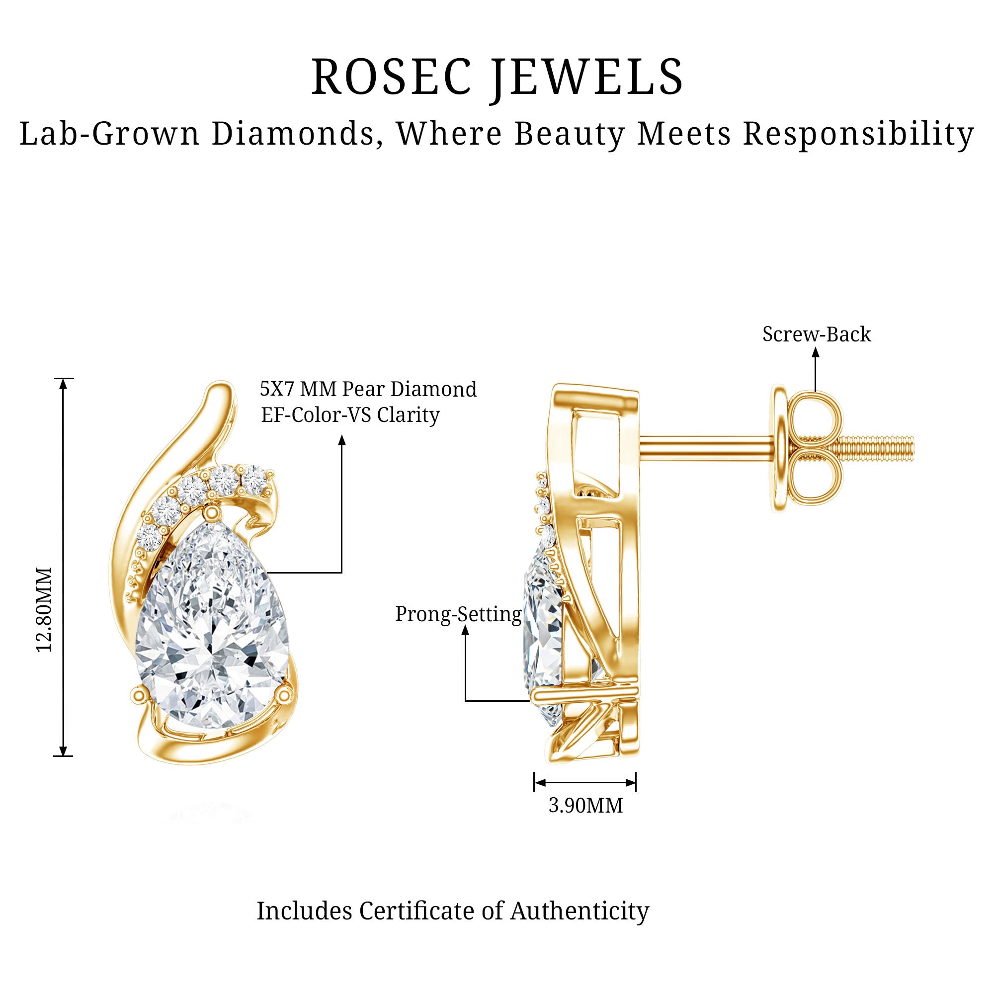 5X7 MM Certified Lab Grown Diamond Teardrop Stud Earrings Lab - ( EF-VS ) - Rosec Jewels