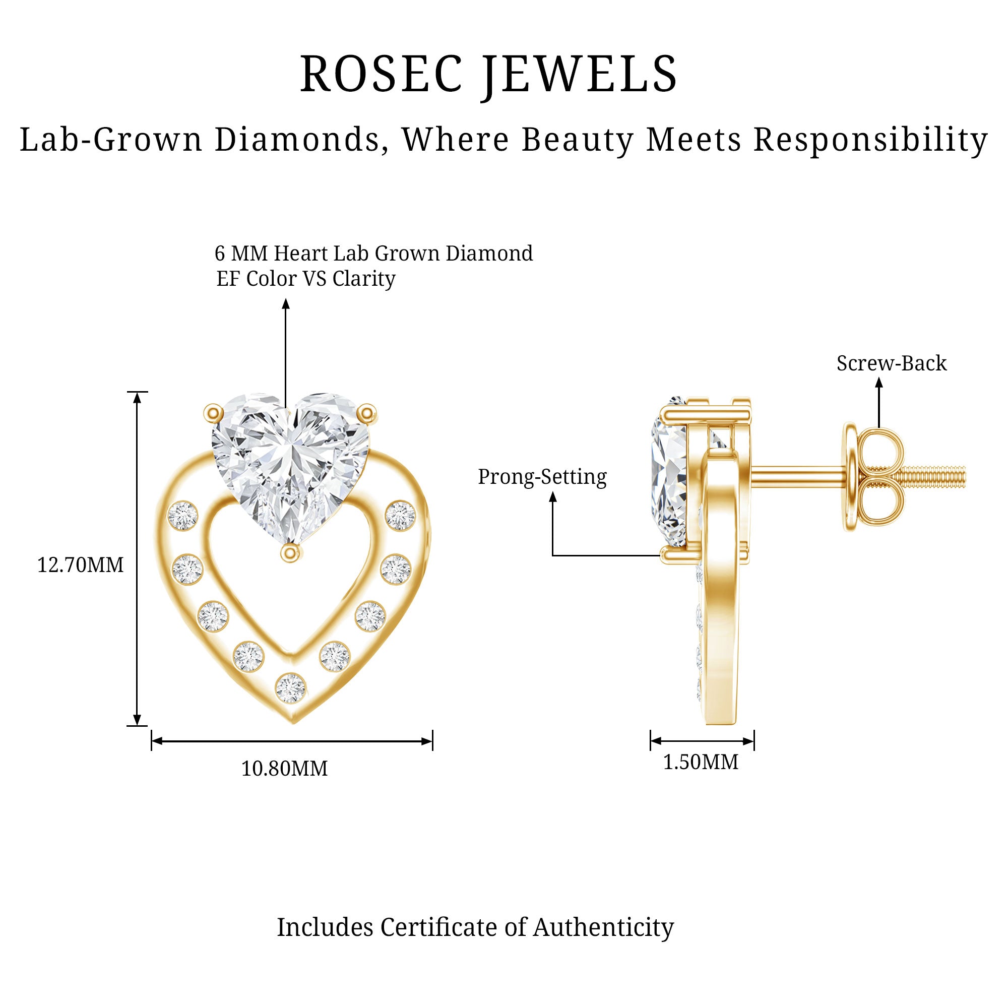 6 MM Lab Grown Diamond Heart Studs For Her Lab - ( EF-VS ) - Rosec Jewels