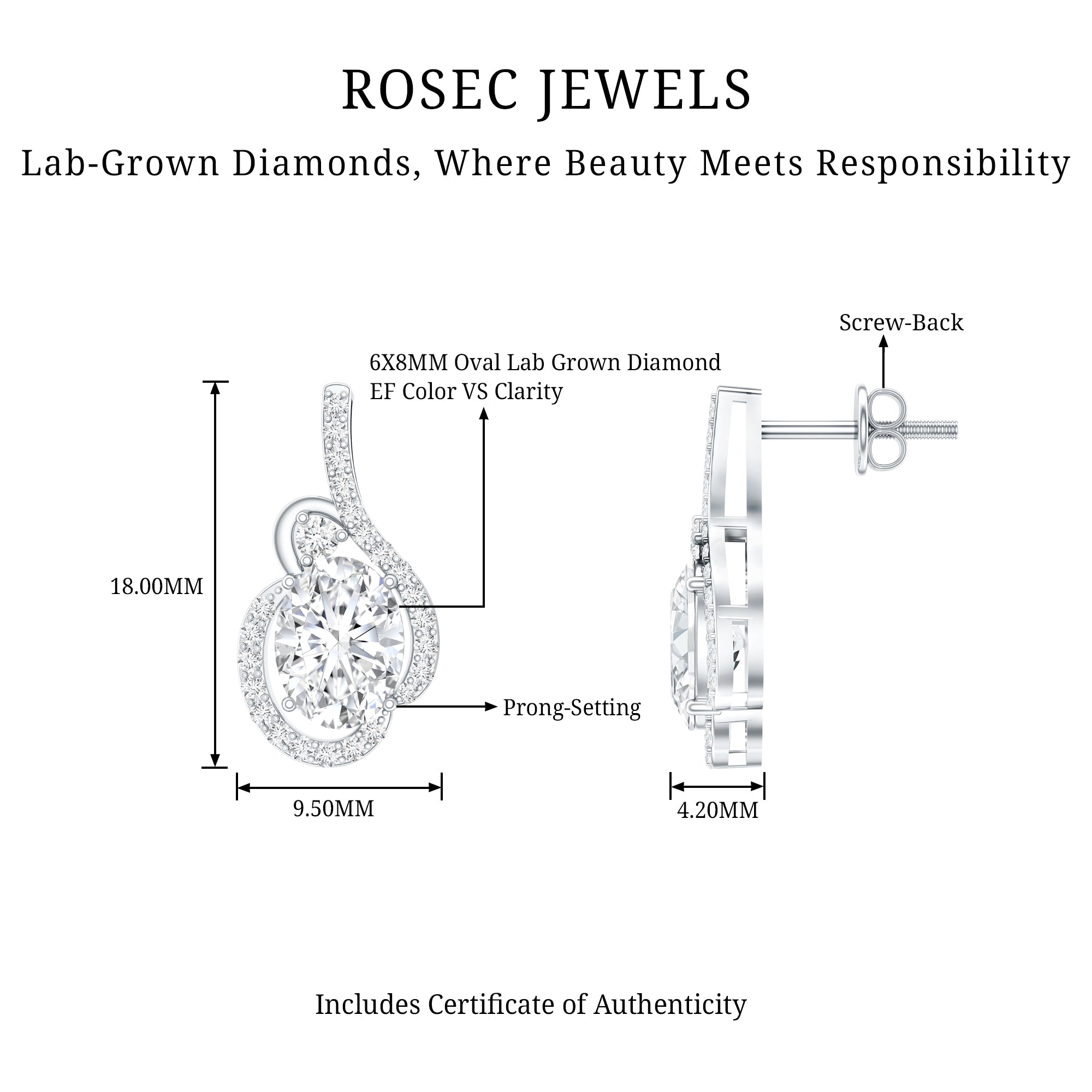 Certified 6X8 MM Oval Lab Grown Diamond Designer Stud Earrings Lab - ( EF-VS ) - Rosec Jewels