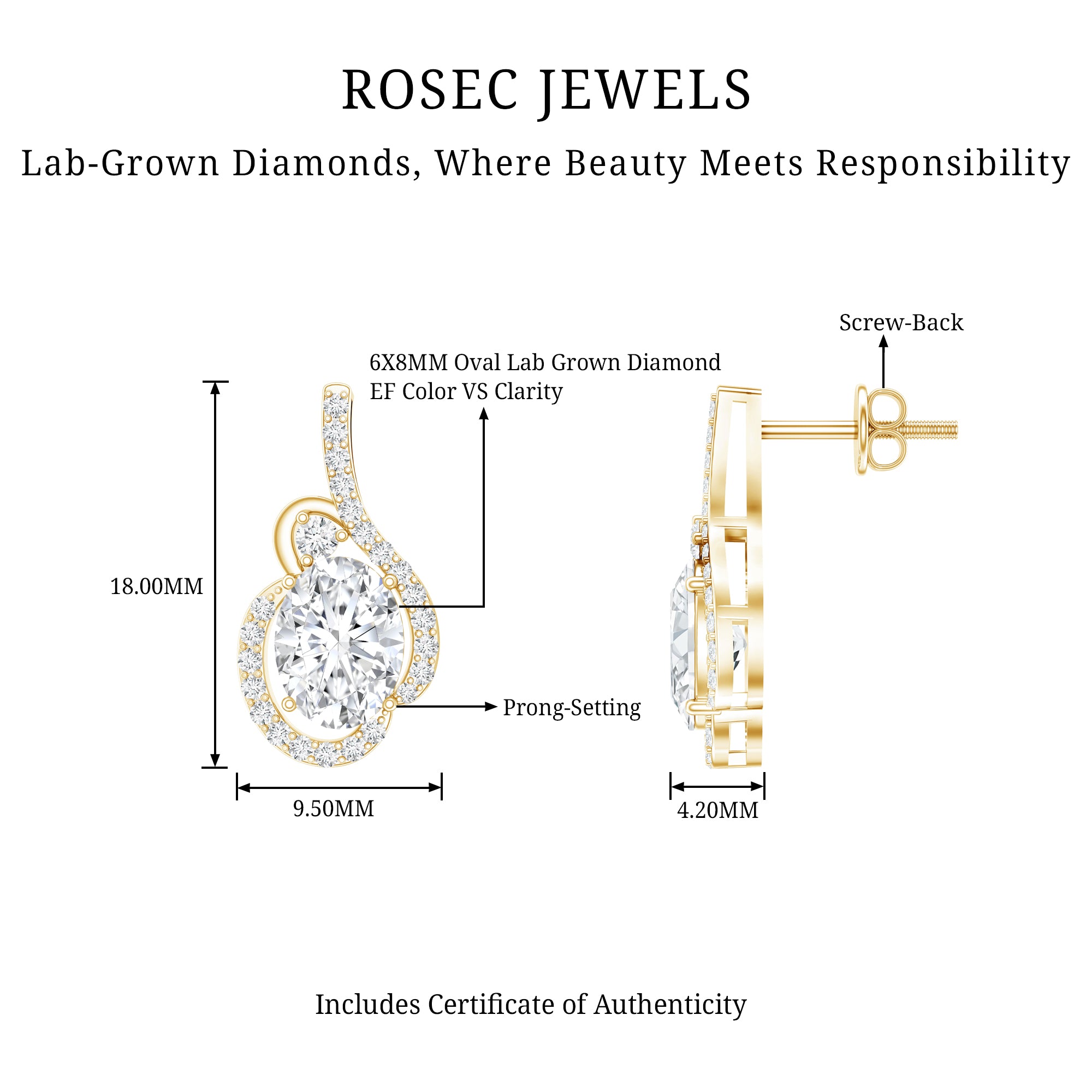 Certified 6X8 MM Oval Lab Grown Diamond Designer Stud Earrings Lab - ( EF-VS ) - Rosec Jewels