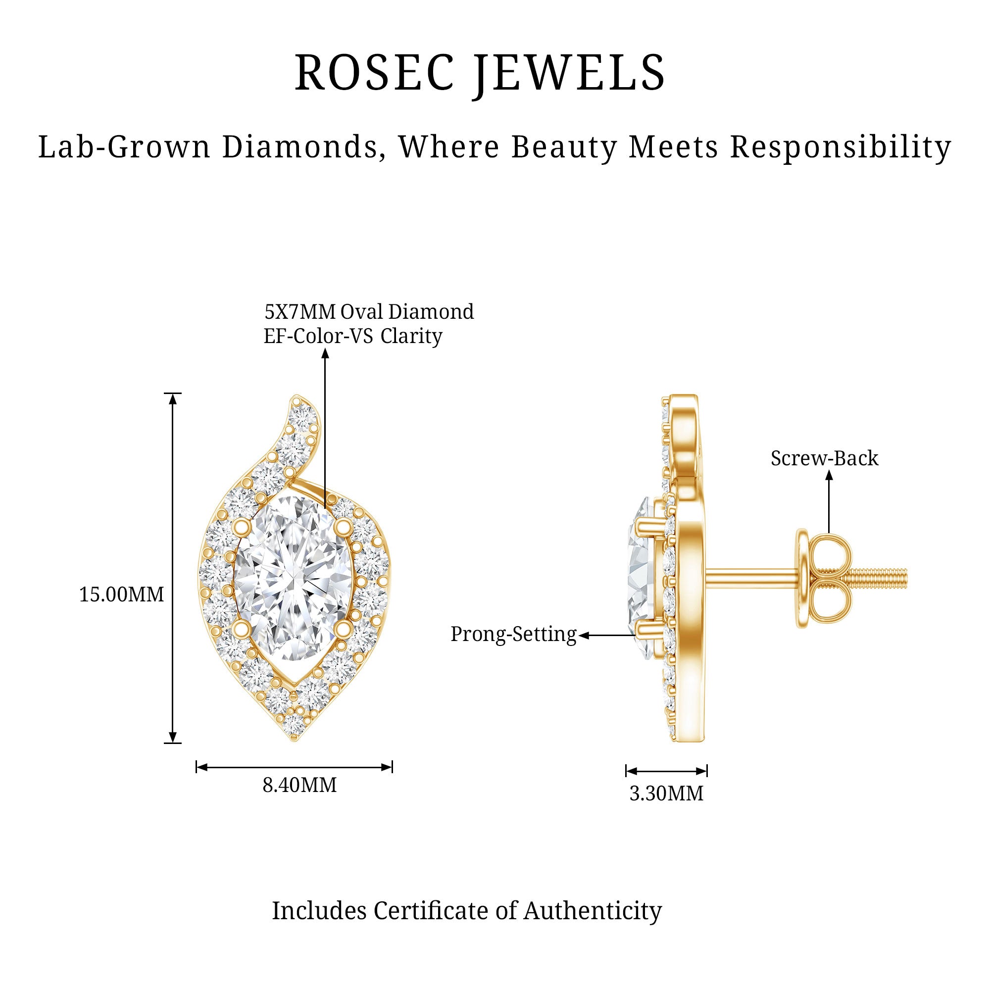 Certified 5X7 MM Oval Lab Grown Diamond Stud Earrings For Women Lab - ( EF-VS ) - Rosec Jewels