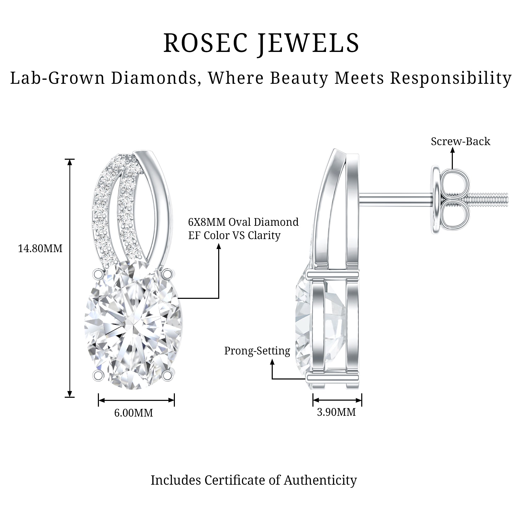 6X8 MM Oval Lab Grown Diamond Designer Studs For Women Lab - ( EF-VS ) - Rosec Jewels