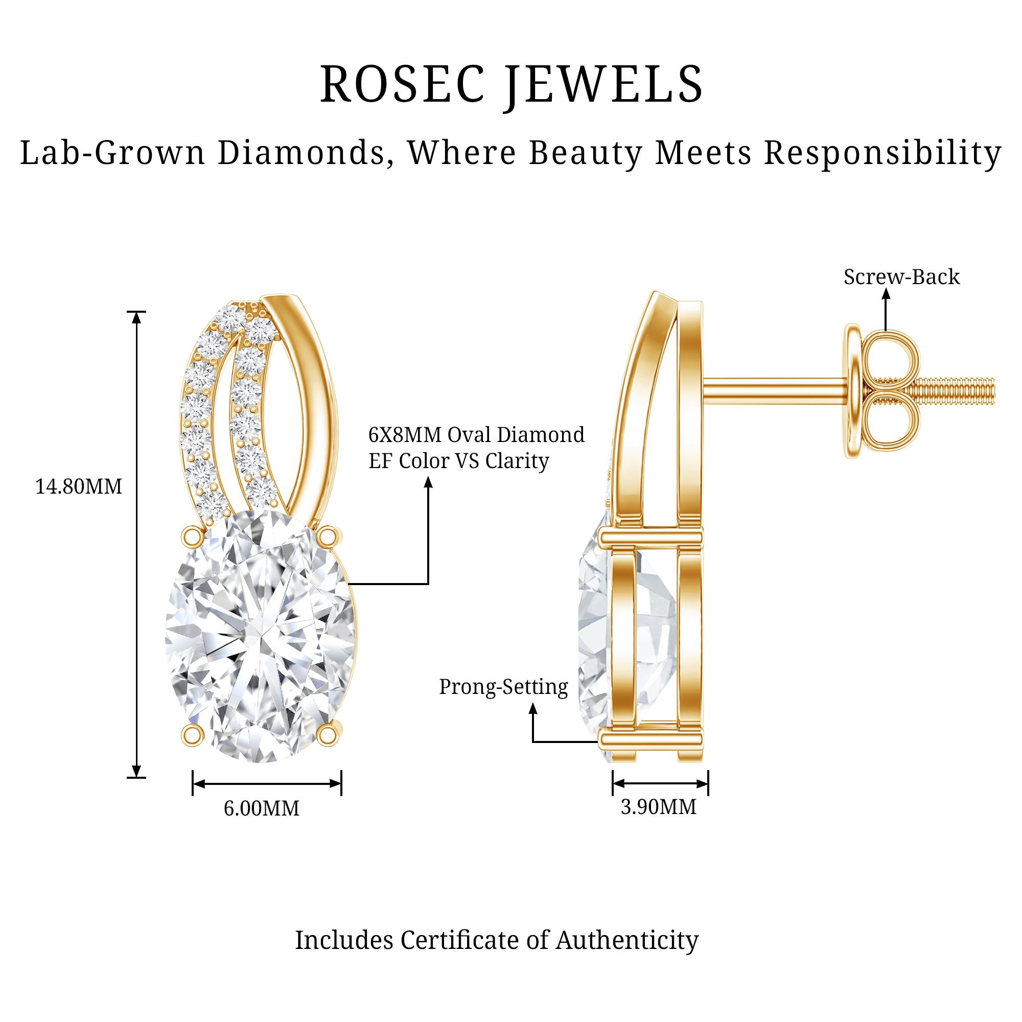 6X8 MM Oval Lab Grown Diamond Designer Studs For Women Lab - ( EF-VS ) - Rosec Jewels