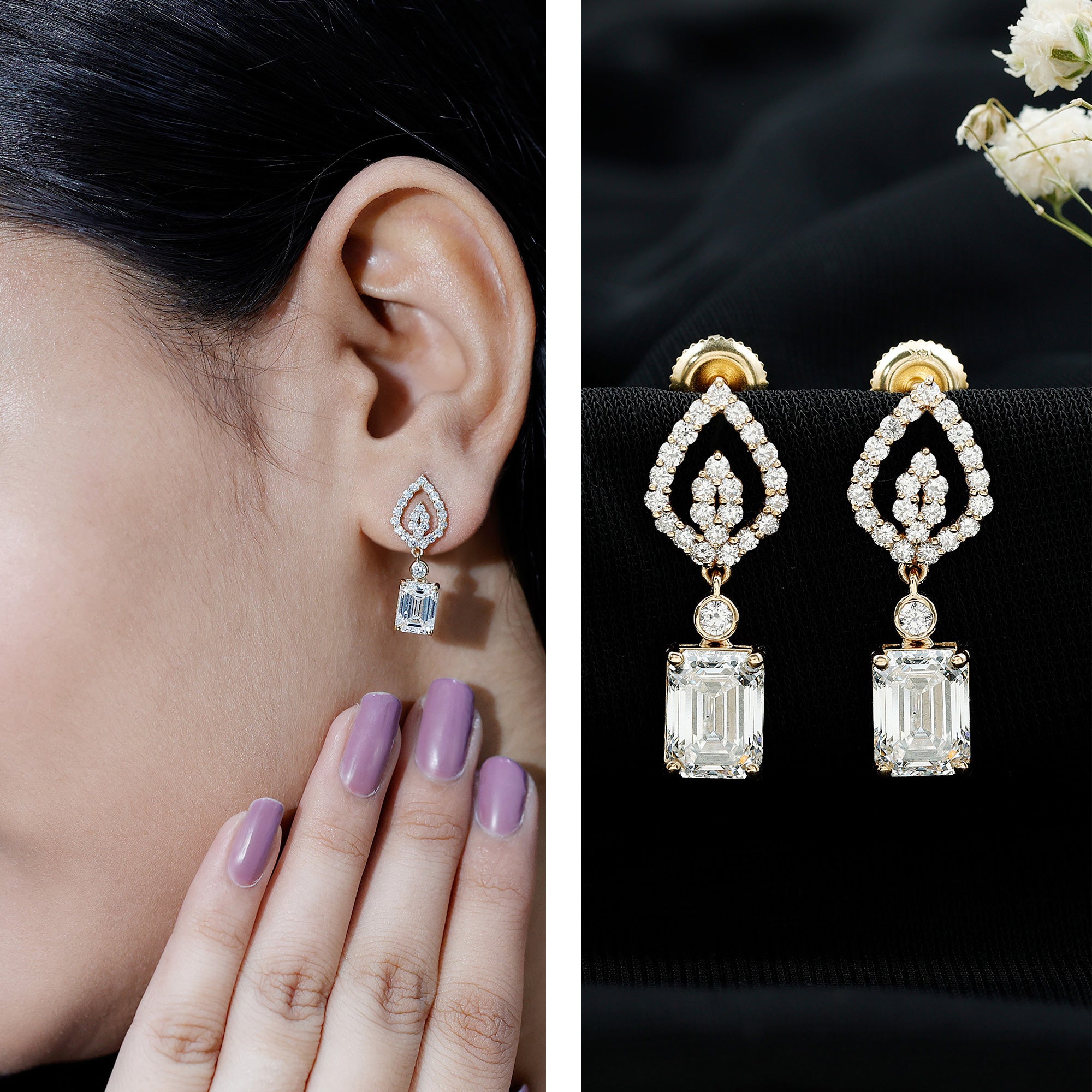Emerald Cut Lab Grown Diamond Art Deco Drop Earrings Lab - ( EF-VS ) - Rosec Jewels