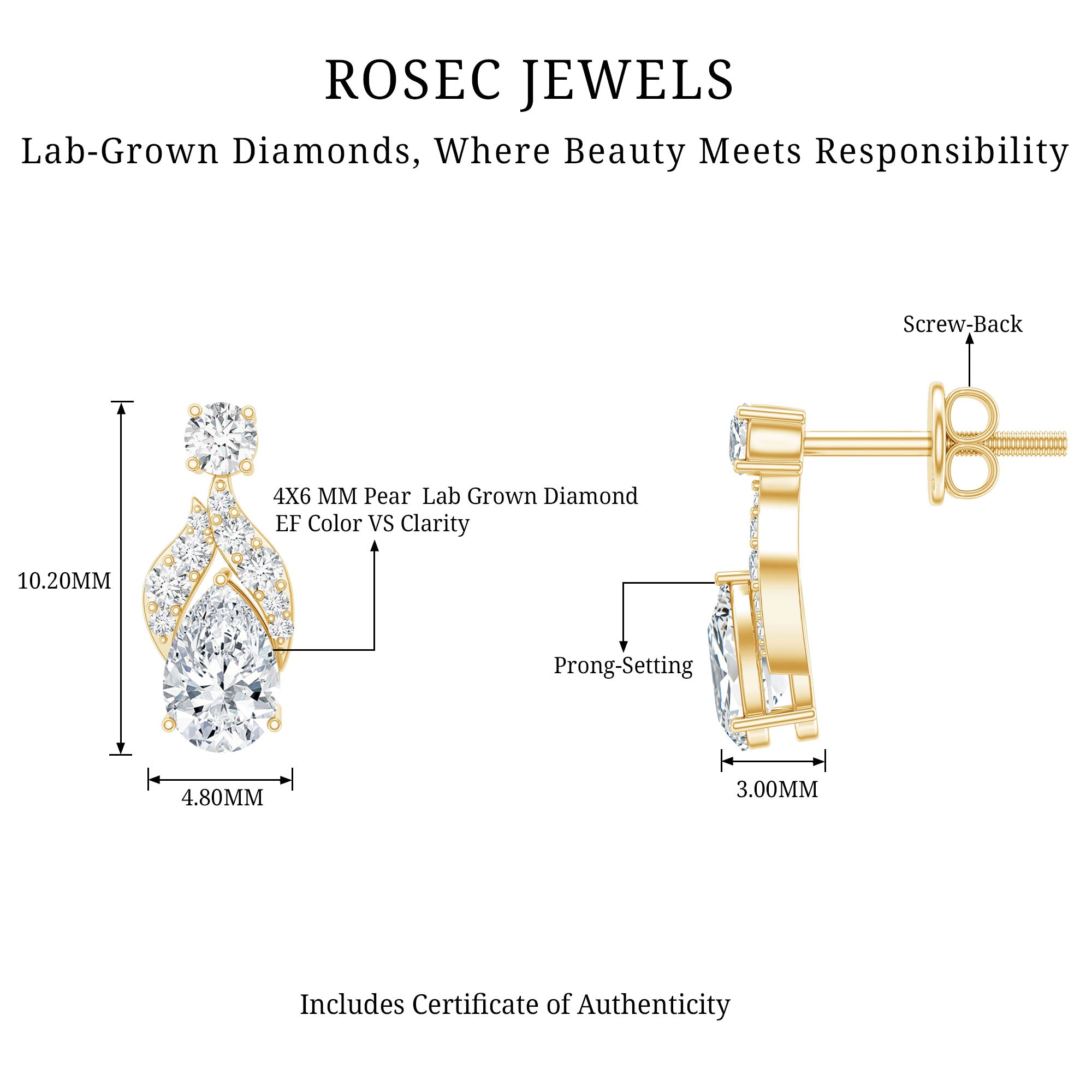 Certified Lab Grown Diamond Teardrop Stud Earrings Lab - ( EF-VS ) - Rosec Jewels