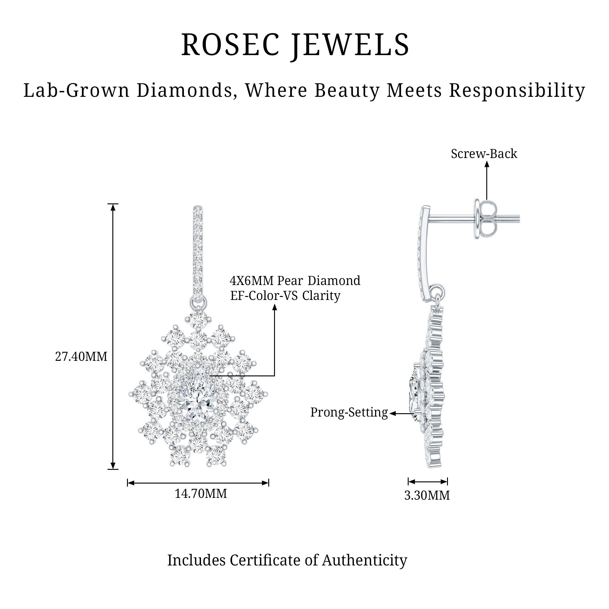 Certified Pear Shape Lab Grown Diamond Bridal Drop Earrings Lab - ( EF-VS ) - Rosec Jewels