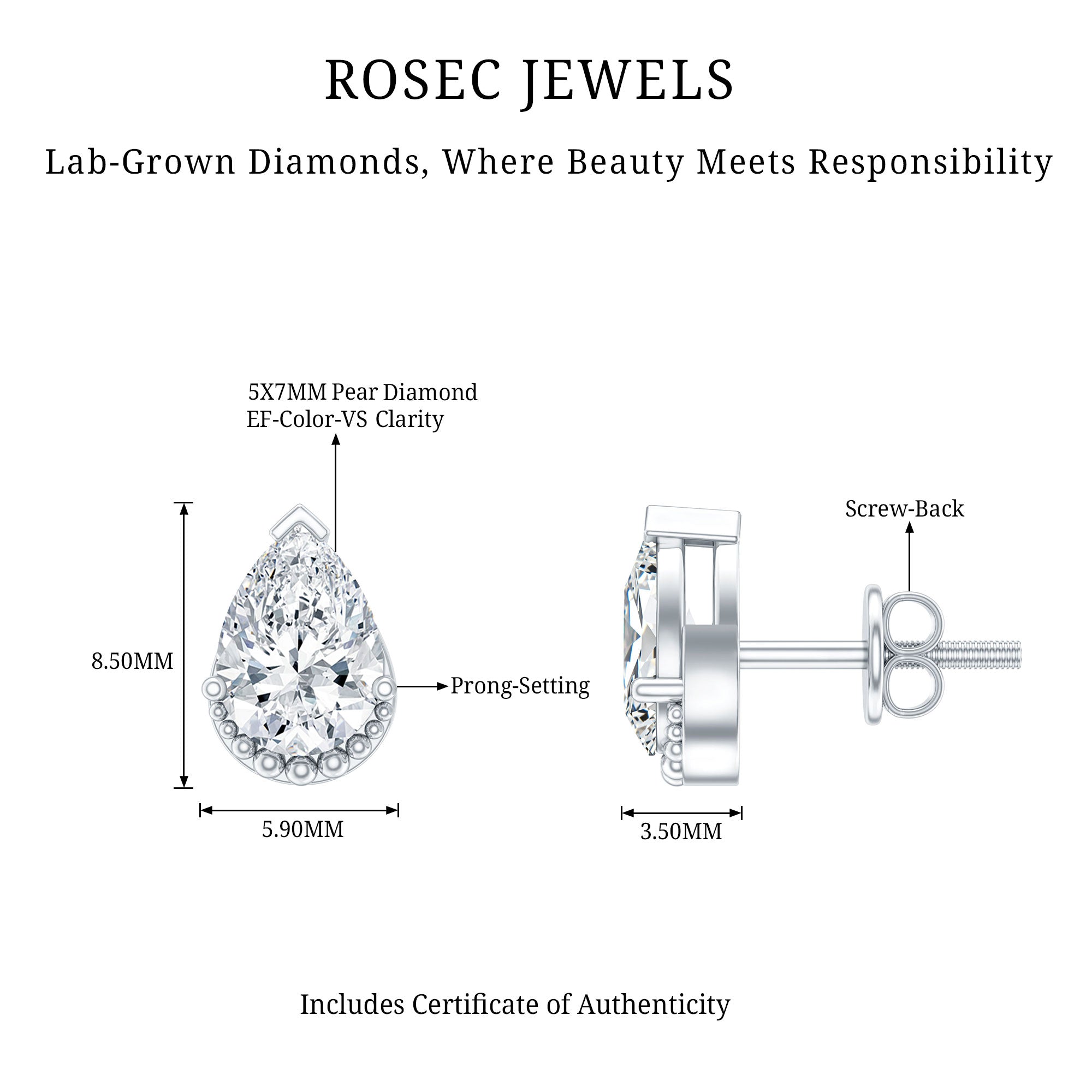 Certified Lab 5X7 MM Pear Diamond Designer Stud Earrings Lab - ( EF-VS ) - Rosec Jewels