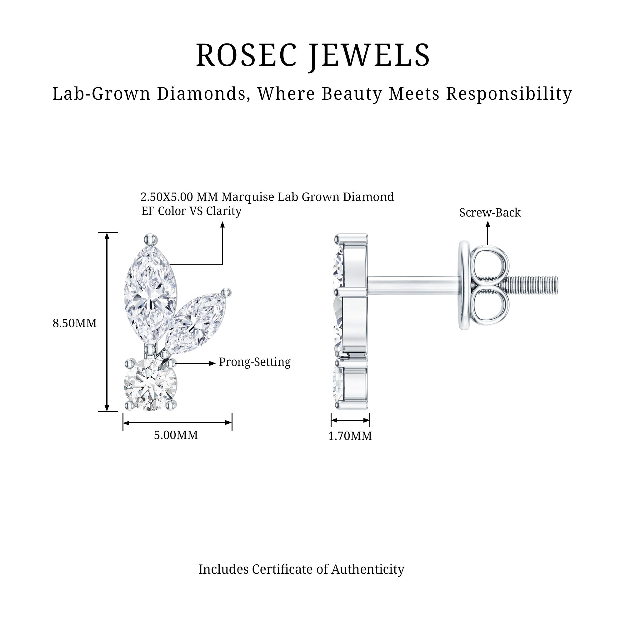 Certified Lab Grown Diamond Everyday Earrings With Screw Back Lab - ( EF-VS ) - Rosec Jewels