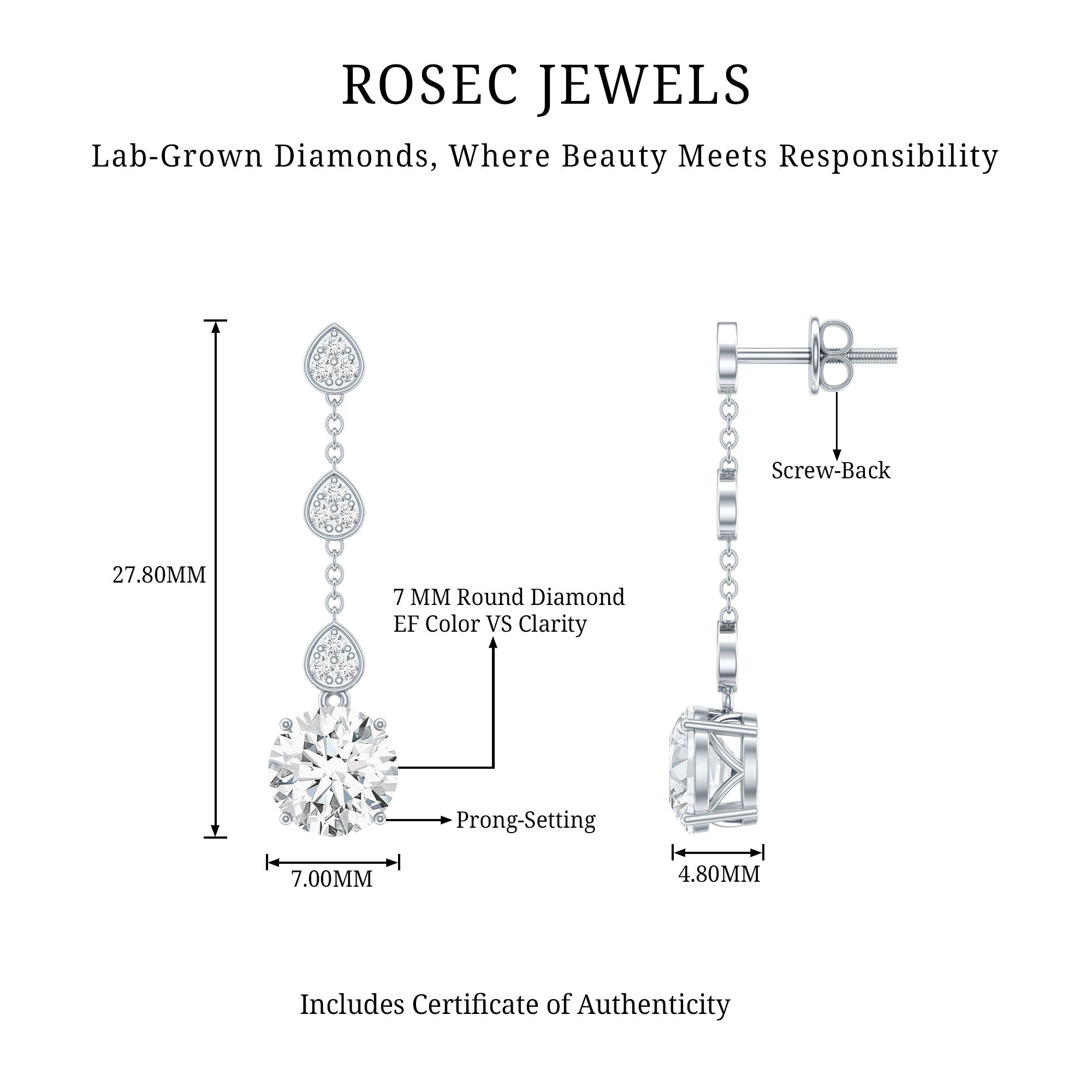 Certified Lab 7 MM Round Diamond Dangle Chain Earrings Lab - ( EF-VS ) - Rosec Jewels