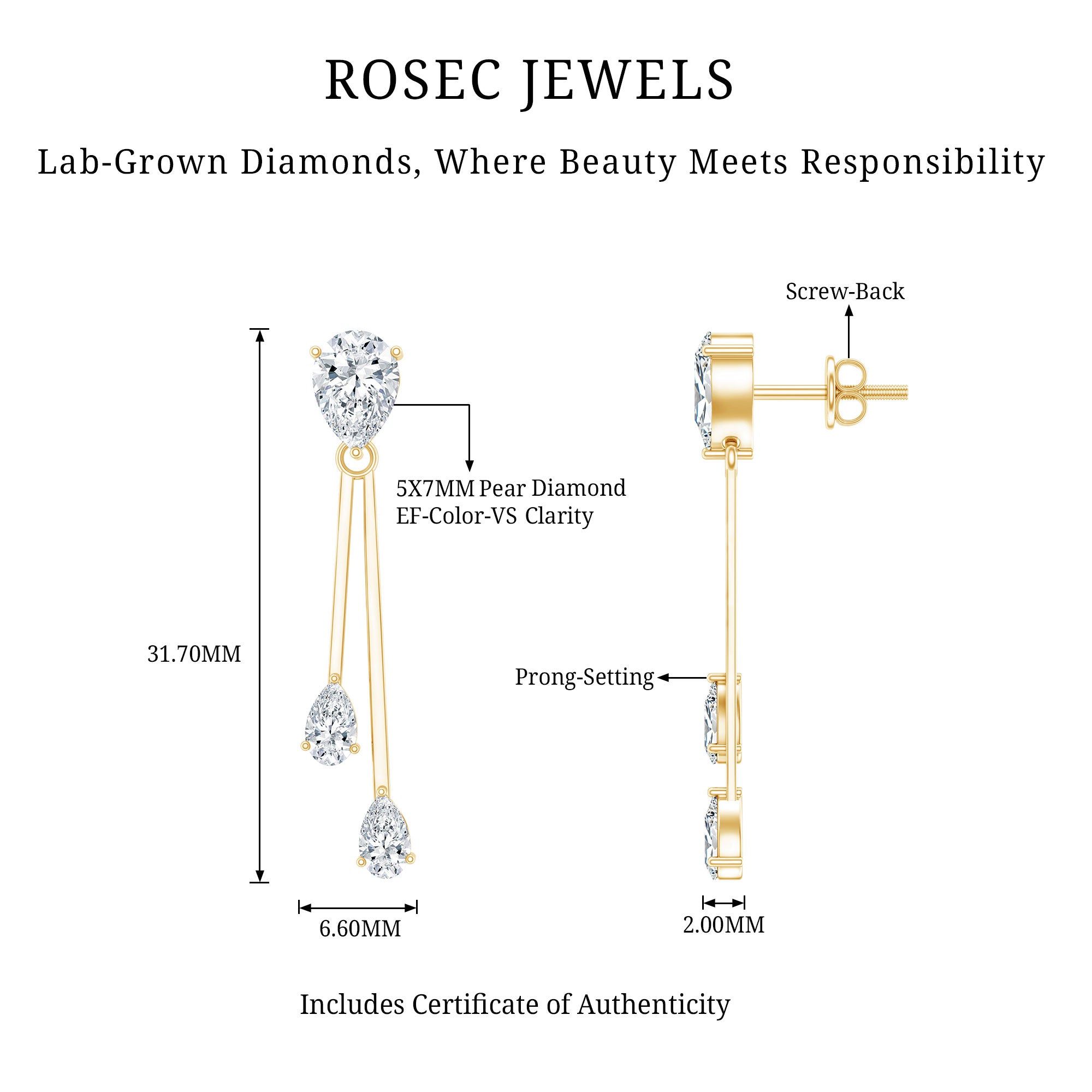 Certified Lab Grown Diamond Teardrop Dangle Earrings Lab - ( EF-VS ) - Rosec Jewels
