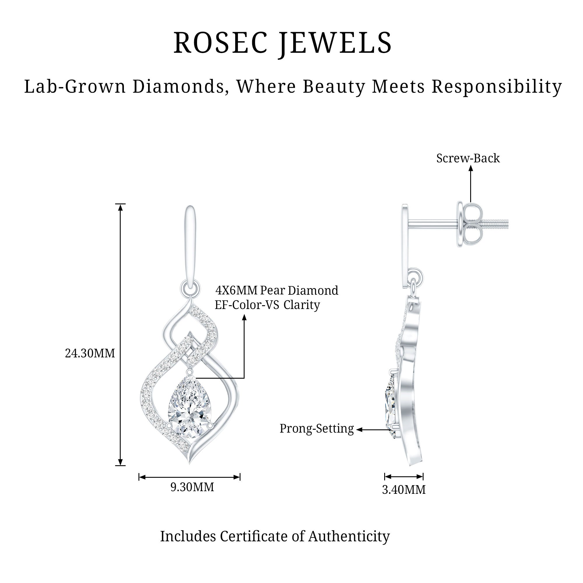 Certified Lab 4X6 MM Pear Shaped Diamond Drop Bridal Earrings Lab - ( EF-VS ) - Rosec Jewels