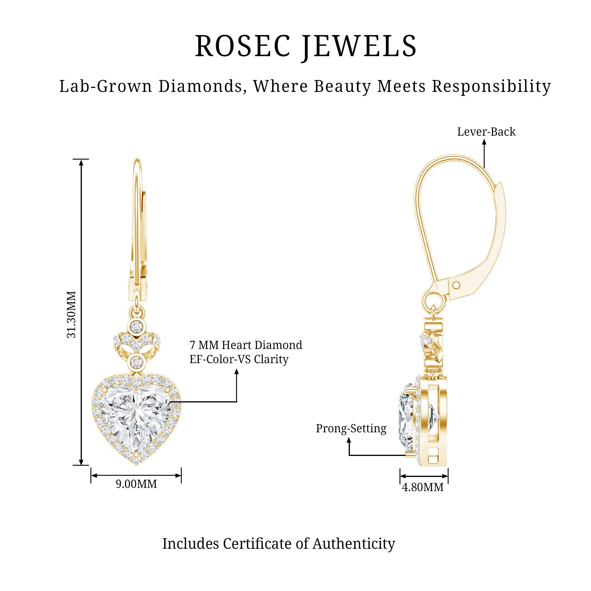 Certified 7MM Lab Grown Diamond Heart Drop Earrings Lab - ( EF-VS ) - Rosec Jewels