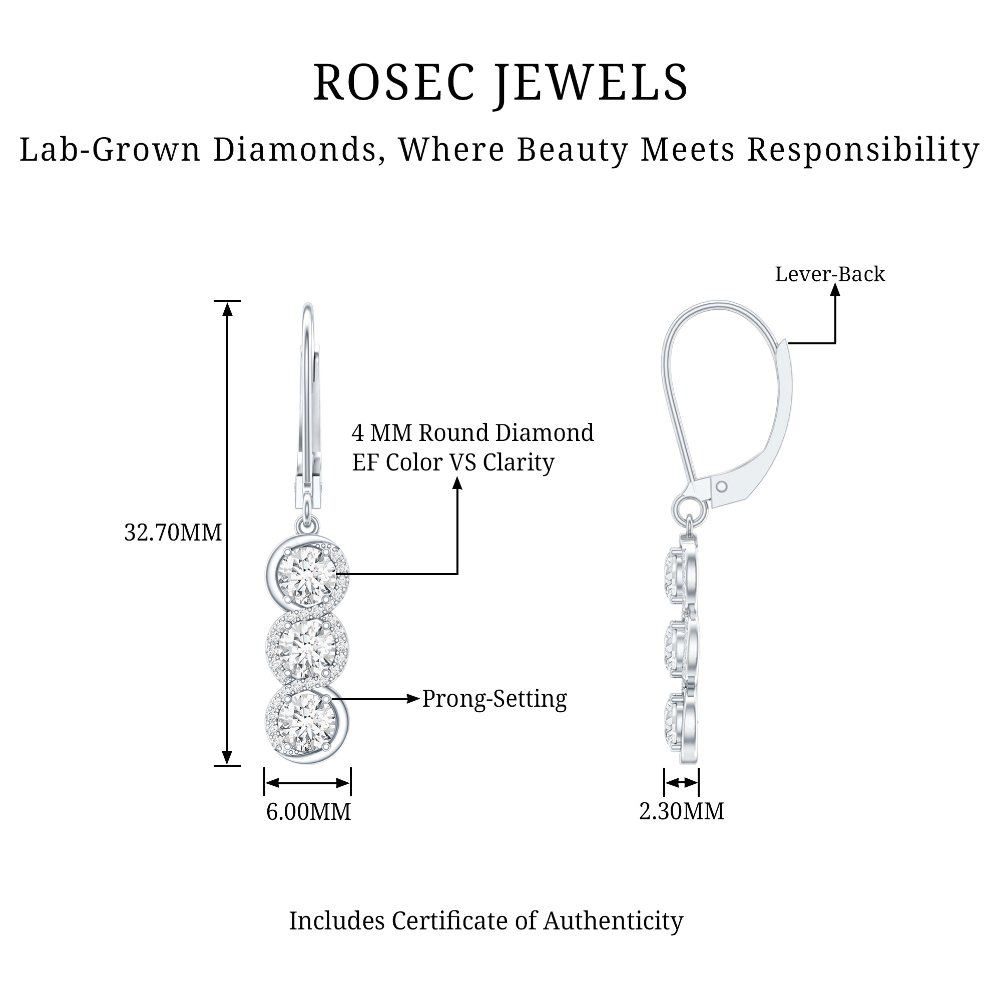 Certified Lab Grown Diamond 3 Stone Dangle Earrings Lab - ( EF-VS ) - Rosec Jewels